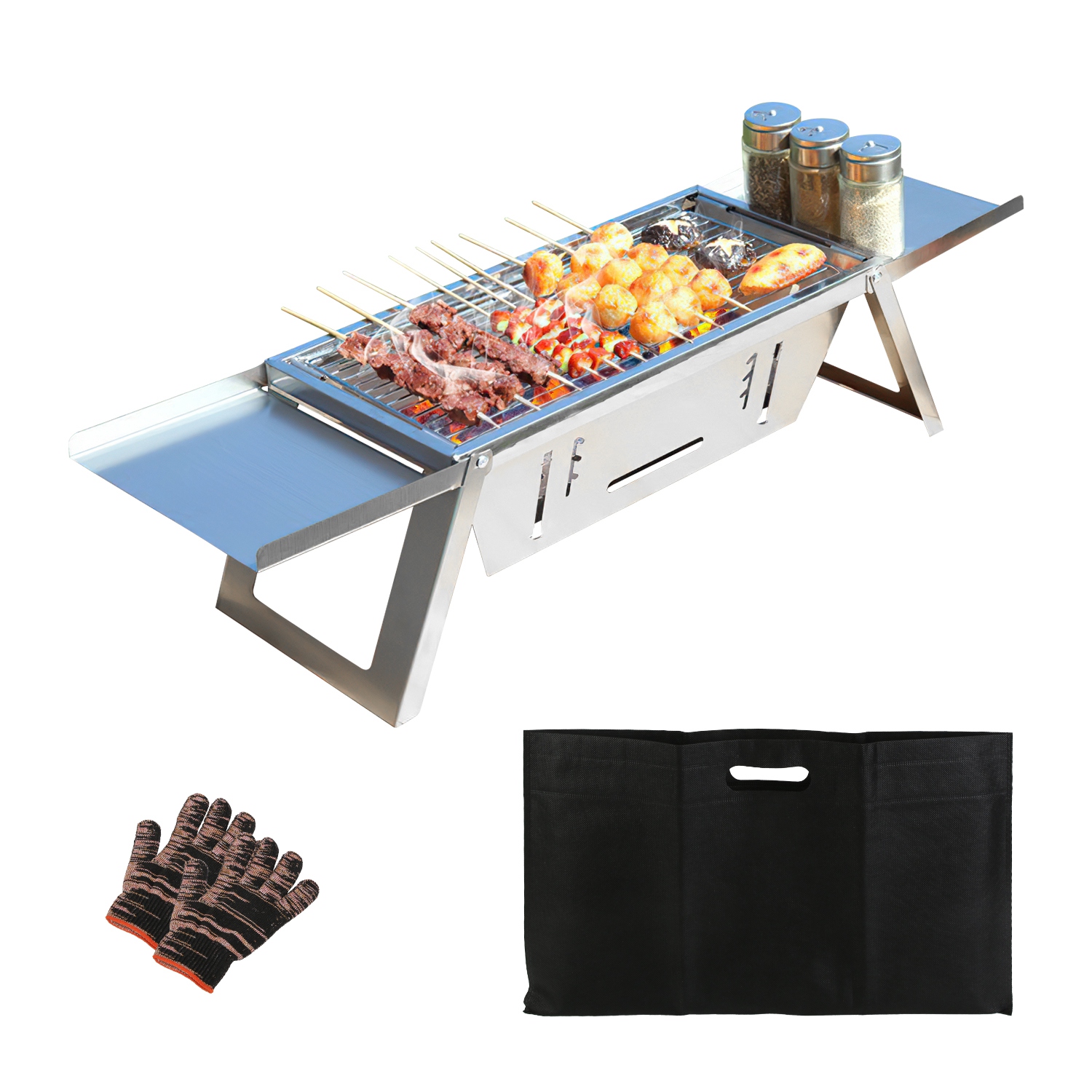 3 In 1 Foldable Charcoal Grill Fire Pit Slow Cooker 2-3 People Portable Camping Grill Stainless Steel BBQ Grill for Camping Tailgating Yard thumbnail 2