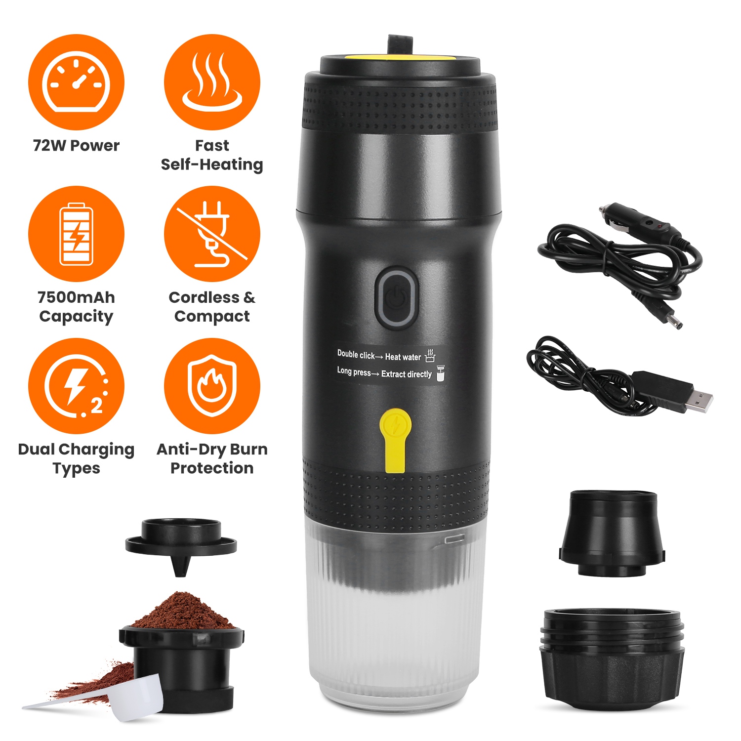 Portable Electric Espresso Machine Cordless Coffee Maker Self-Heating Car Espresso Maker with Anti-Dry Burn Fit for Ground Coffee/NS/DG Capsules for C thumbnail 2