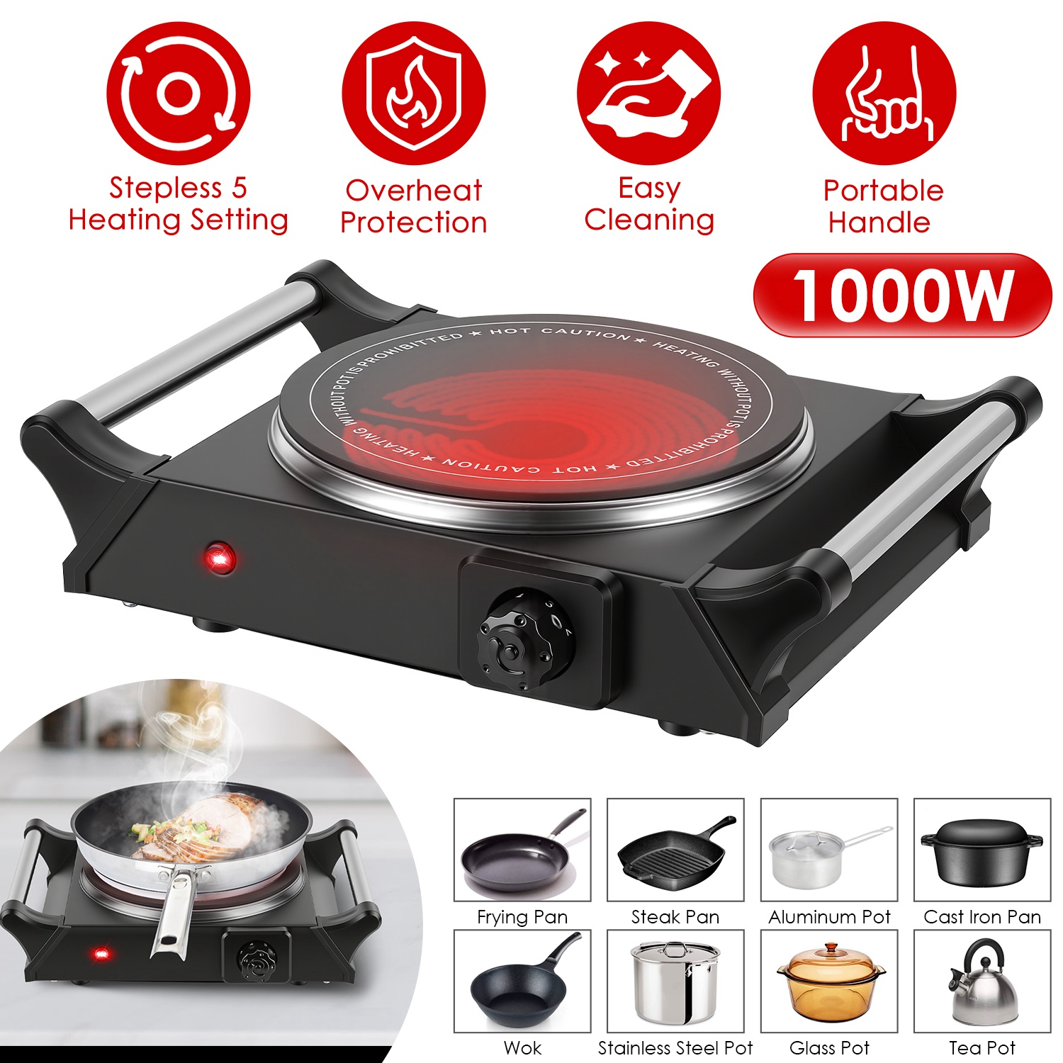 1000W Electric Single Burner Portable Heating Hot Plate Stove Countertop RV Hotplate with 5 Temperature Stepless Adjustments Portable Handles thumbnail 2