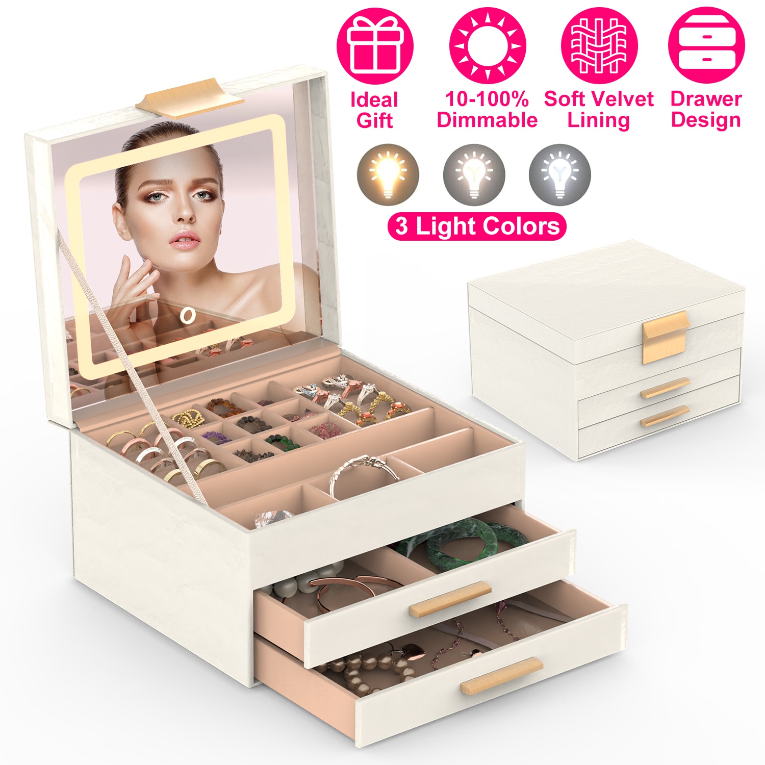 Jewelry Box with LED Mirror 3-Layer Jewelry Organizer with 2 Drawers PU Jewelry Holder with 3 Mirror Light Colors Dimmable for Earrings Rings Bracelet thumbnail 2