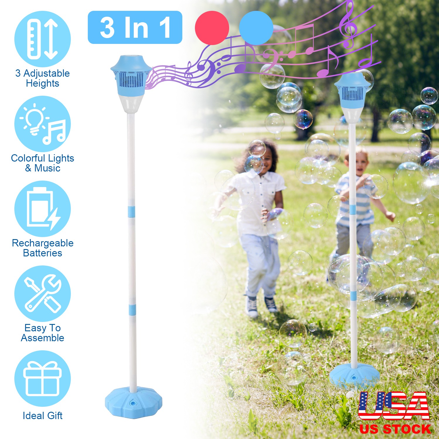 3 In 1 Standing Bubble Machine with Colorful Lights and Music Rechargeable Bubble Maker Stand with 2 Modes 3 Adjustable Height for Party Wedding Indoo thumbnail 2