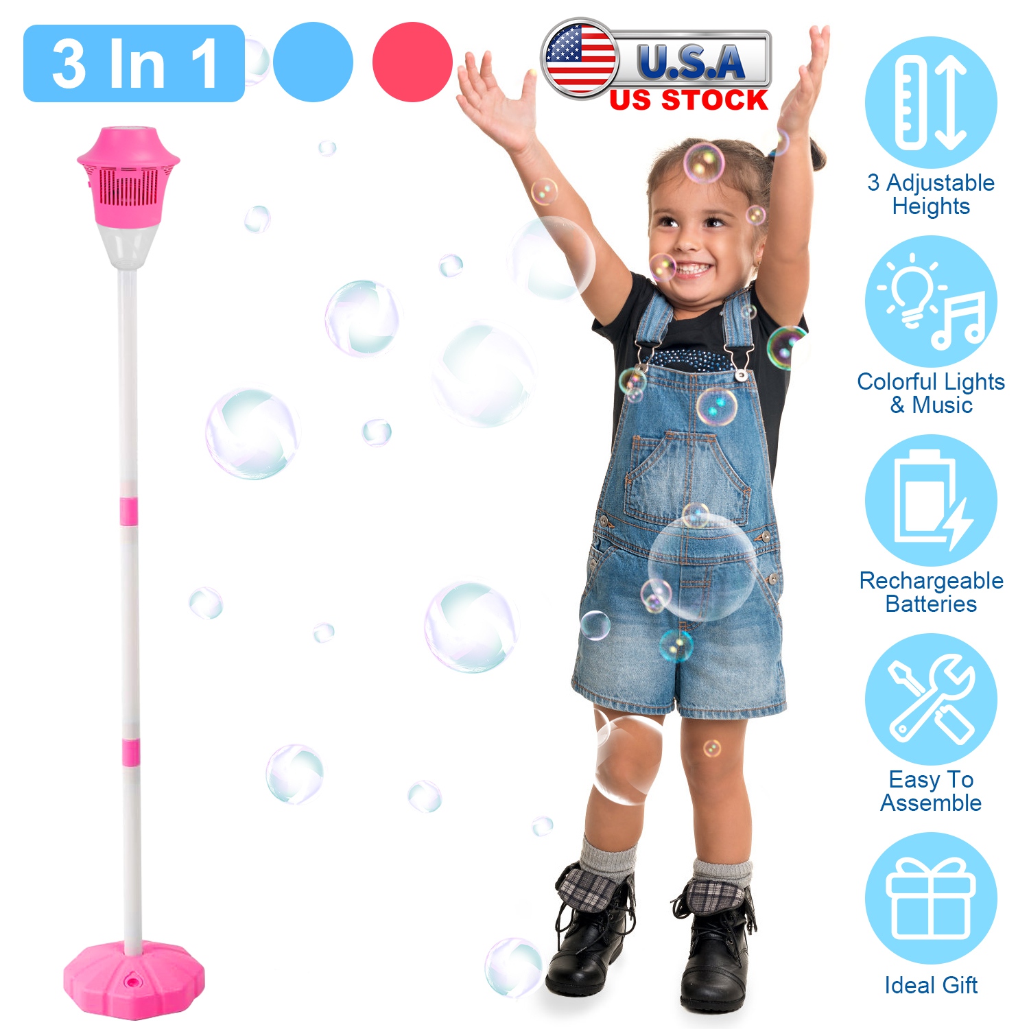 3 In 1 Standing Bubble Machine with Colorful Lights and Music Rechargeable Bubble Maker Stand with 2 Modes 3 Adjustable Height for Party Wedding Indoo thumbnail 2