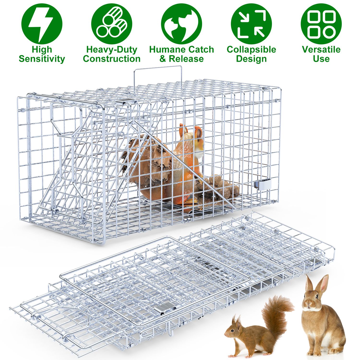 2Pcs 18x8x10In Humane Single Door Live Animal Trap Collapsible Galvanized Iron Animal Cage Catch And Release for Small Squirrel Raccoon Feral Cat Weas thumbnail 2