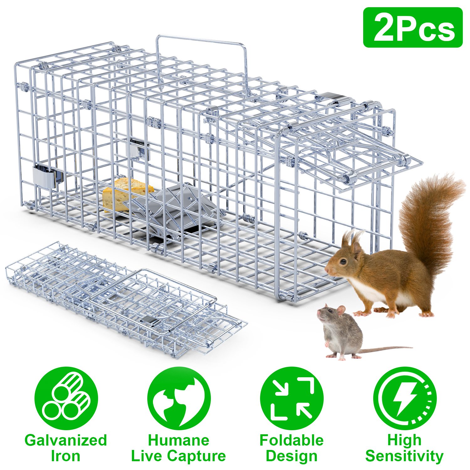 2Pcs Foldable Rat Trap Cage Humane Live Rodent Trap Cage Galvanized Iron Mice Mouse Control Bait Catch with Detachable L Shaped Rod For Kitchen Garden thumbnail 2