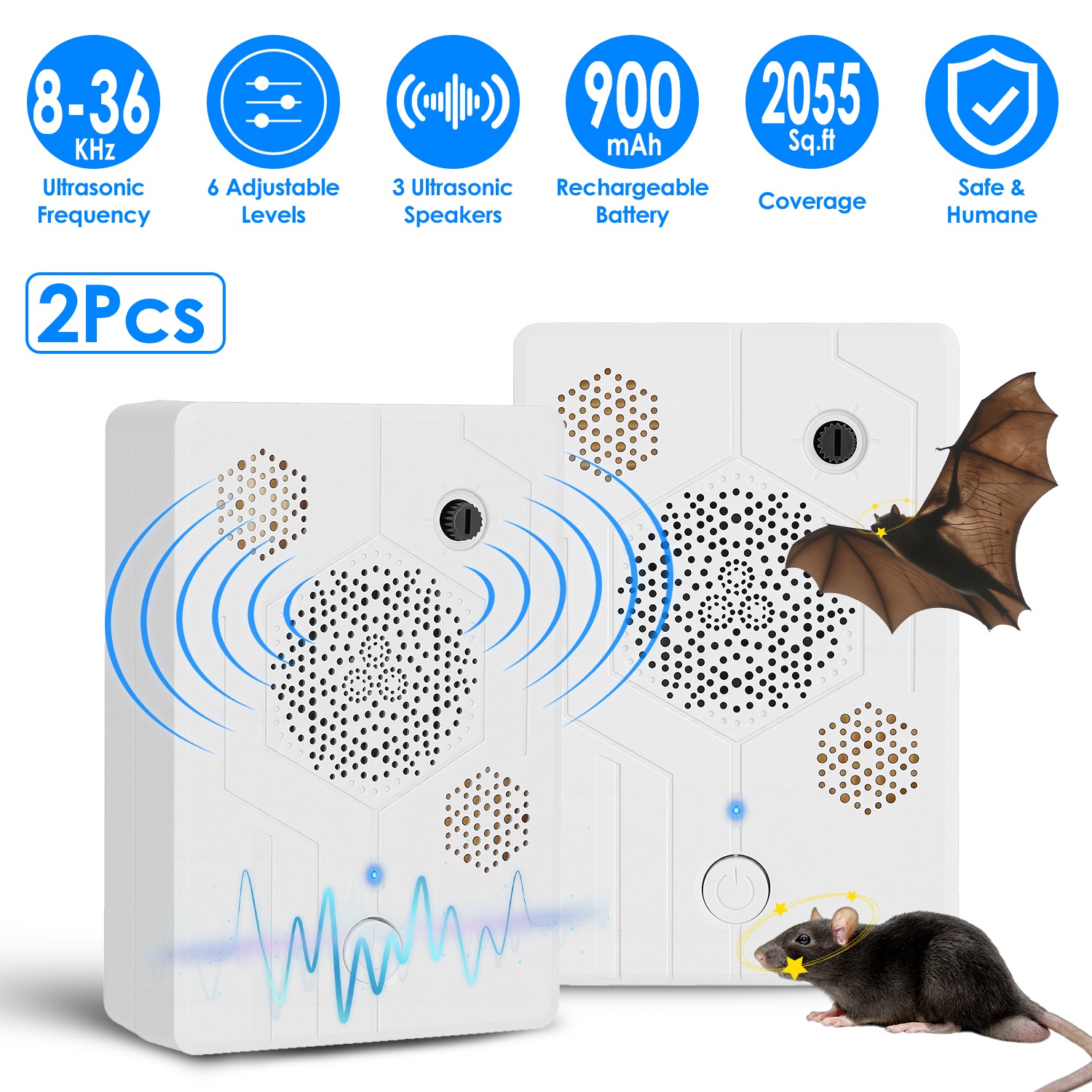 2Pack 2026 Upgraded Rechargeable Ultrasonic Bat Repellent Indoor Outdoor Bird Mouse Dog Deterrent Device with 3 Ultrasonic Speakers for Attic Porch Ho thumbnail 2
