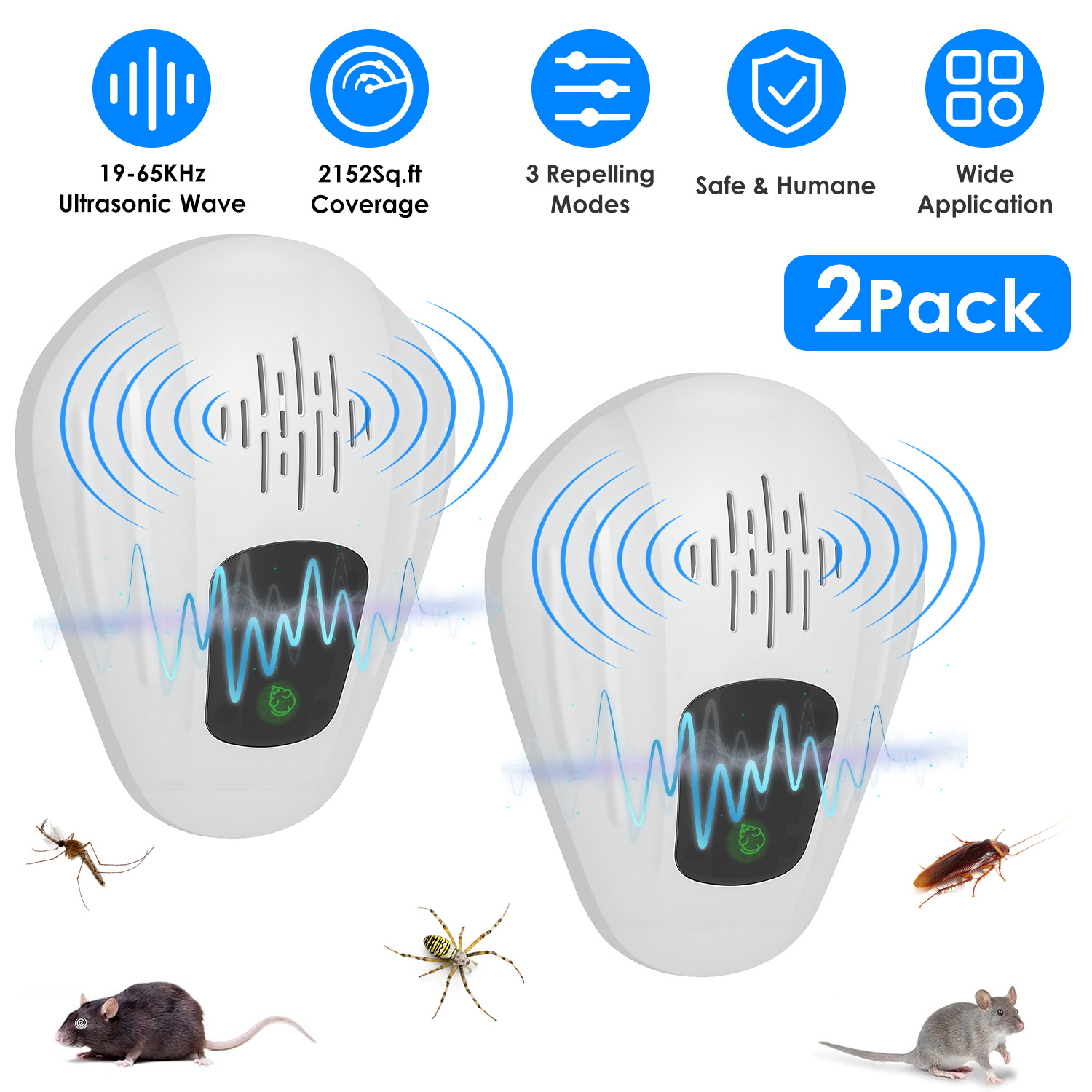 2 Pack Pest Control Device for Mosquitoes Cockroaches Rats Plug In Ultrasonic Insect Repellent Indoor for Bedroom Garage Warehouse Office thumbnail 2
