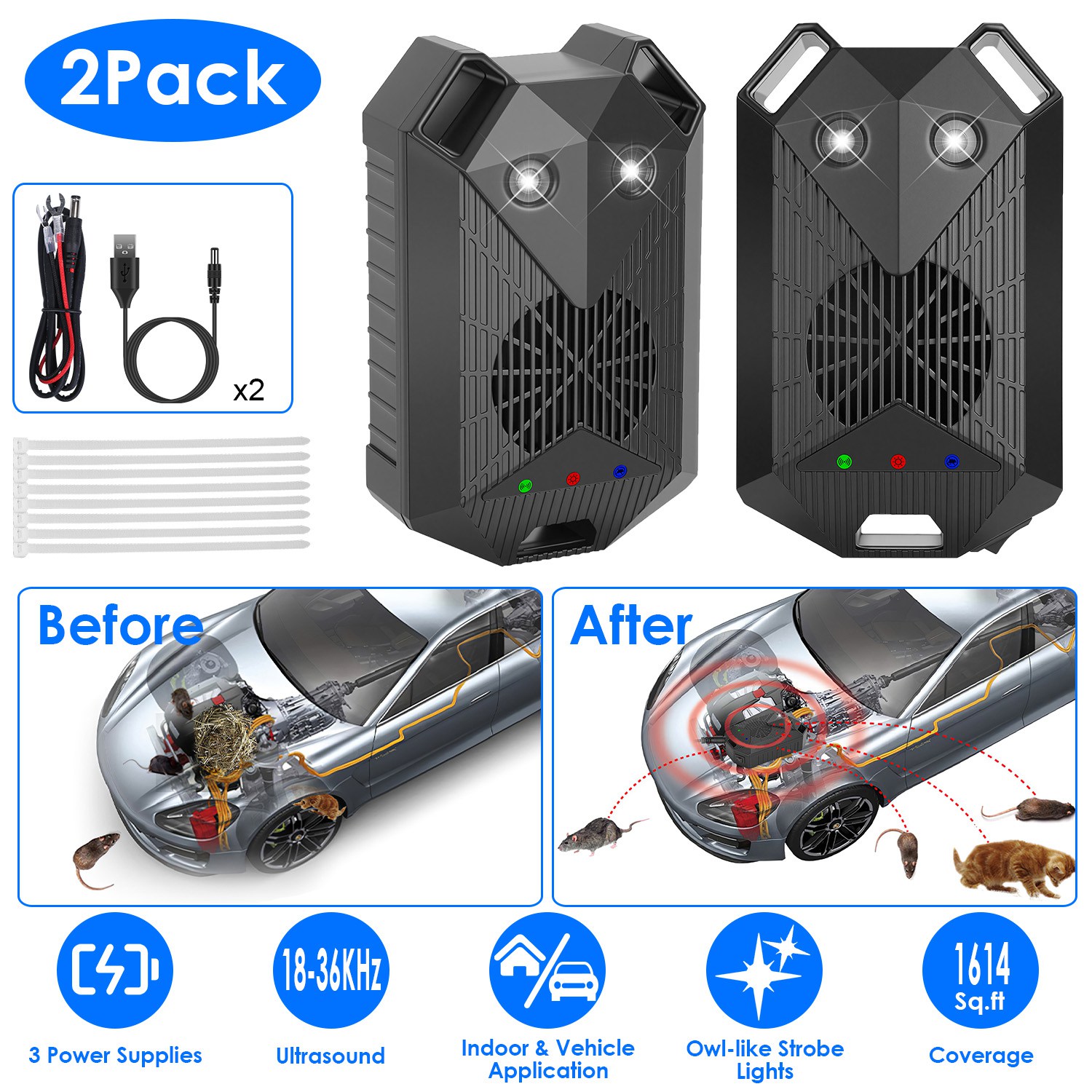 2 Pack Under Hood Ultrasonic Rodent Repeller Rodent Control Deterrent Chaser Blocker for Vehicle Indoor with Strobe Light 3 Power Supplies thumbnail 2