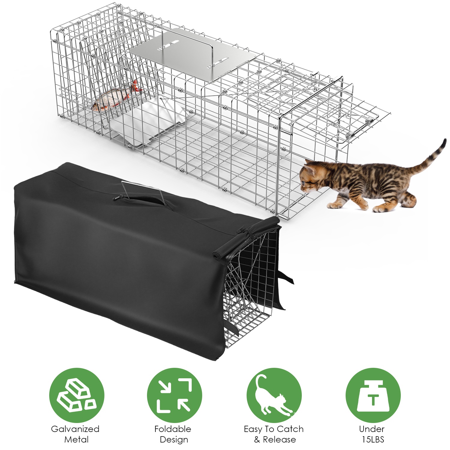 31x12x11 Heavy Duty Folding Live Animal Trap Cage With Waterproof Cover Humane Easy To Catch And Release Trap For Stray Cats Raccoons Squirrel Skunk thumbnail 3