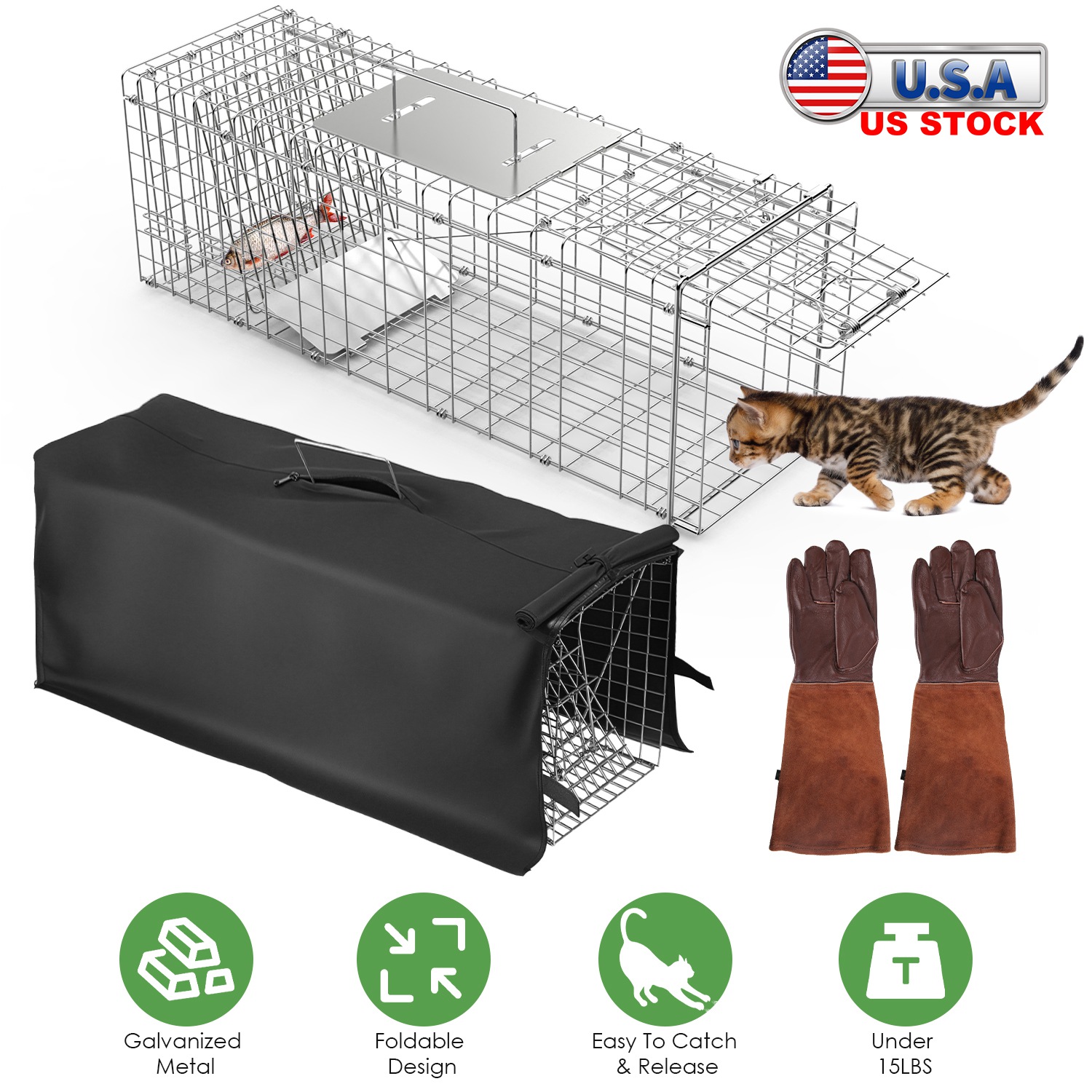 31x12x11 Folding Live Animal Trap Cage With Waterproof Cover And Gloves Humane Easy To Catch And Release Trap For Stray Cats Raccoons Squirrel Skunk thumbnail 3