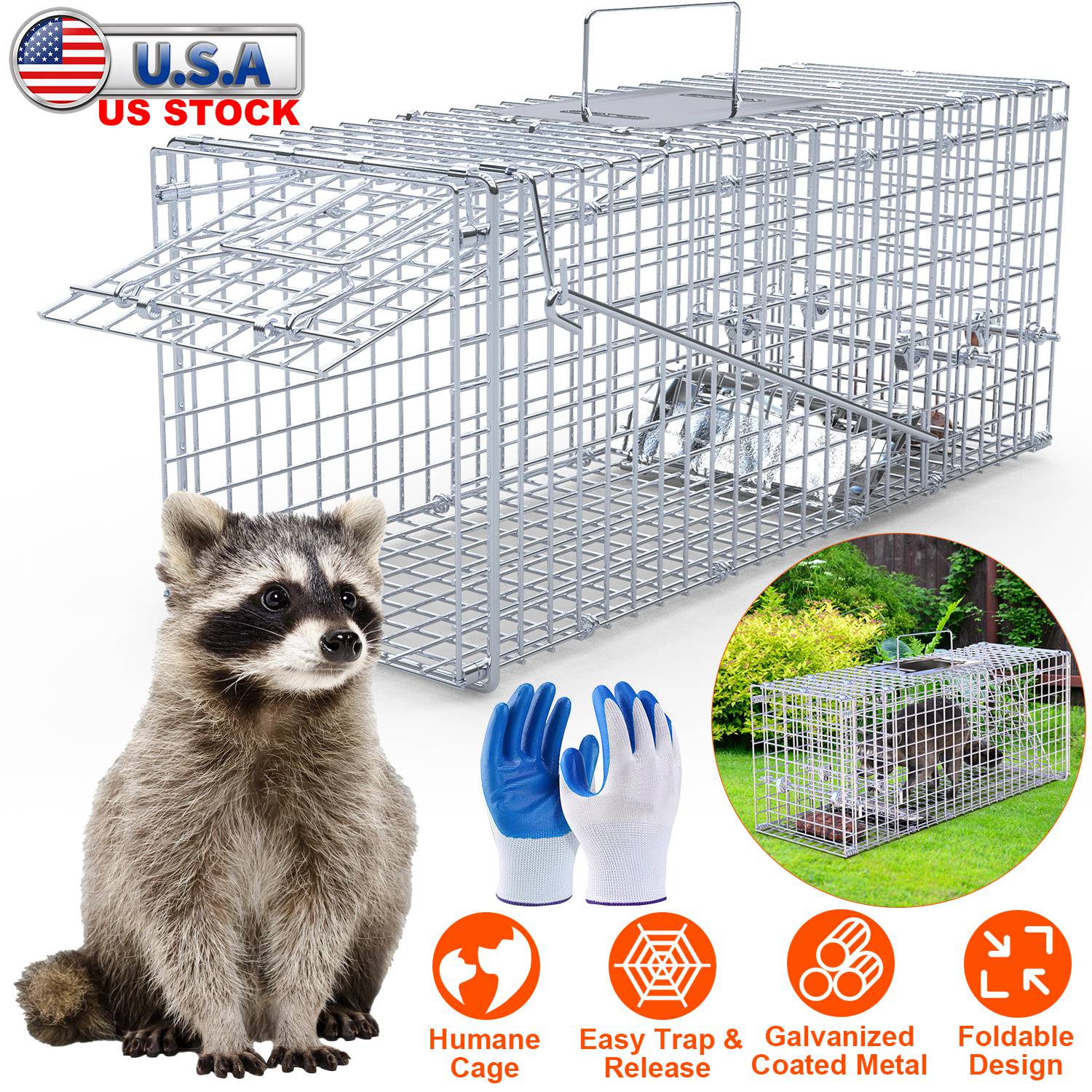 25.59Inch Live Humane Animal Trap Cage Heavy Duty Folding Catch And Release Rodent Cage For Rabbit Squirrel Possum Skunk Kitten Raccoon And More thumbnail 3
