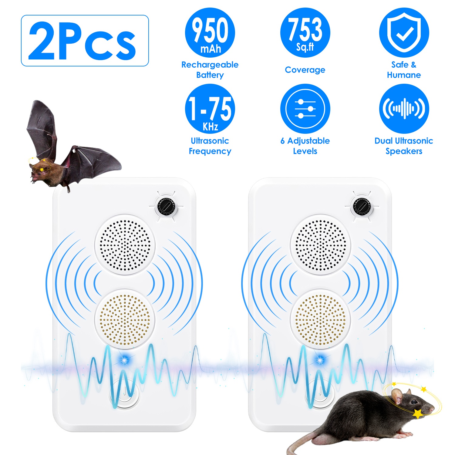 2Pack Rechargeable Ultrasonic Bat Repellent Indoor Outdoor Bird Mouse Deterrent Device with 6 Adjustable Levels for Attic Porch House thumbnail 3