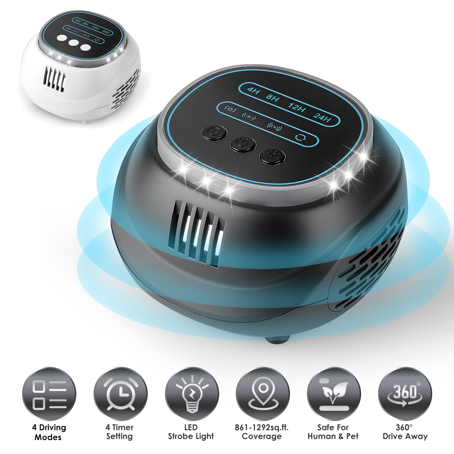 Ultrasonic Rodent Chaser Rat Repellent Pest Driver Mouse Control Squirrel Repeller with 4 Modes 4-65KHz Strobe Light 4 Timer 1292sq.ft. Coverage for R thumbnail 3