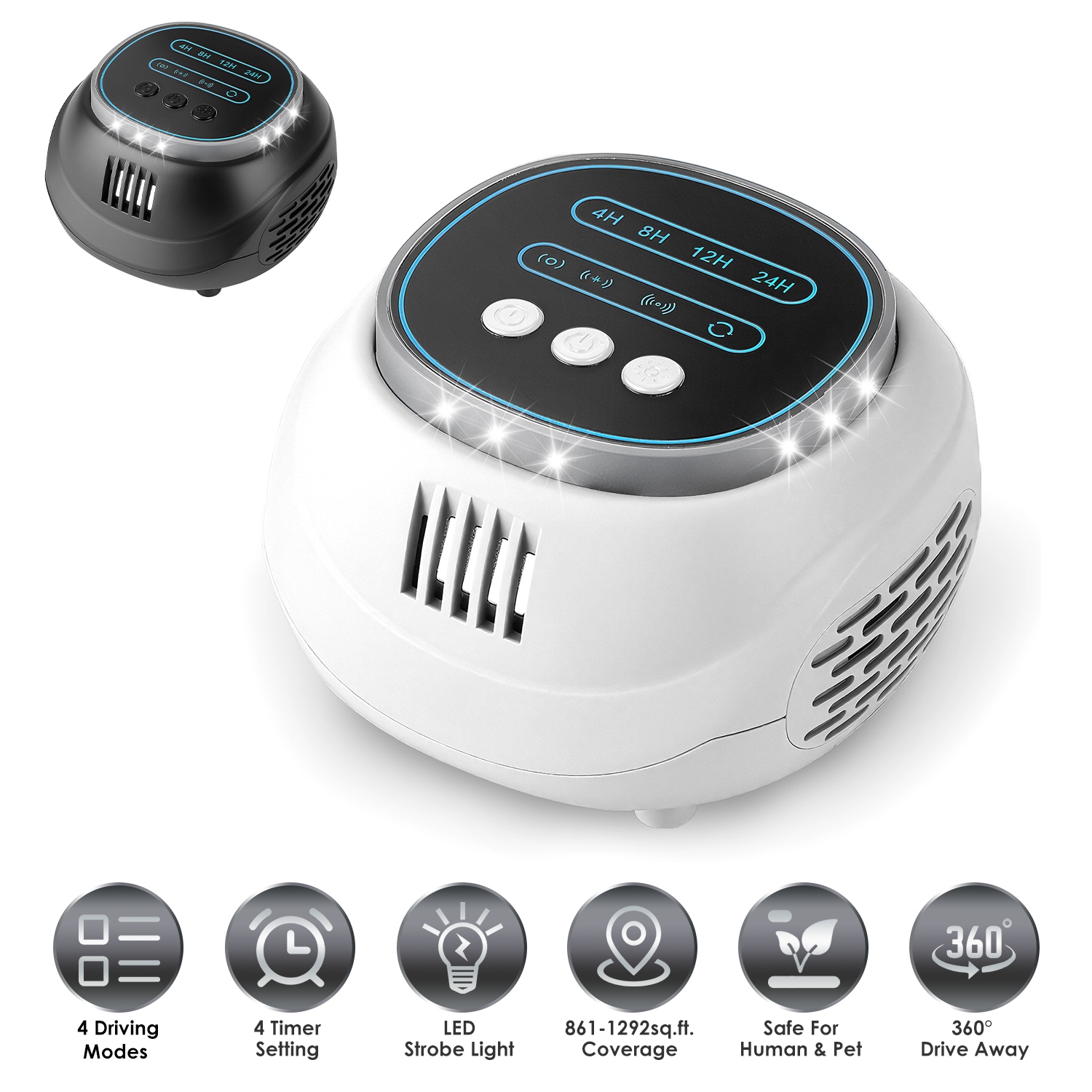 Ultrasonic Rodent Chaser Rat Repellent Pest Driver Mouse Control Squirrel Repeller with 4 Modes 4-65KHz Strobe Light 4 Timer 1292sq.ft. Coverage for R thumbnail 3