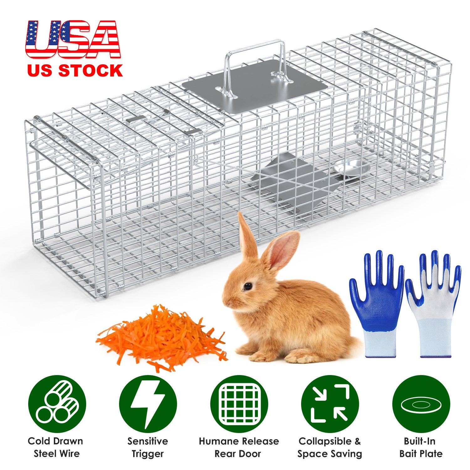 Live Animal Trap Cage 27x7.5x8in Folding Catch and Release Steel Humane Cat Trap for Racoons Stray Cats Rabbits Beavers Hedgehogs Chipmunk Small Anima thumbnail 3