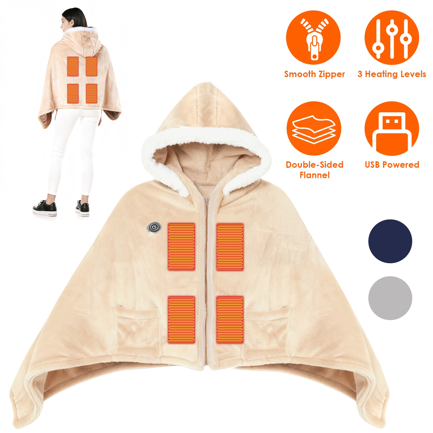 Wearable Heated Throw Blanket Double-Sided Flannel Portable Electric Heating Hoodie For Women Men Machine Washable 3 Heating Levels Battery Operated thumbnail 3
