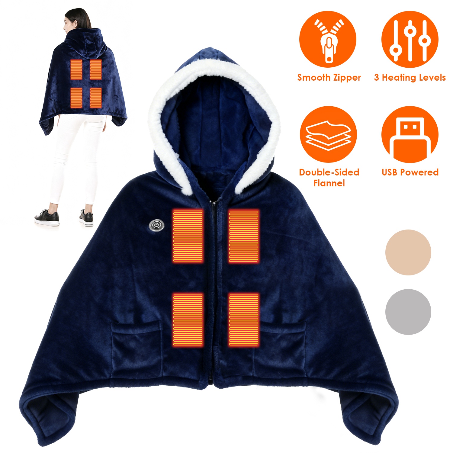 Wearable Heated Throw Blanket Double-Sided Flannel Portable Electric Heating Hoodie For Women Men Machine Washable 3 Heating Levels Battery Operated thumbnail 3