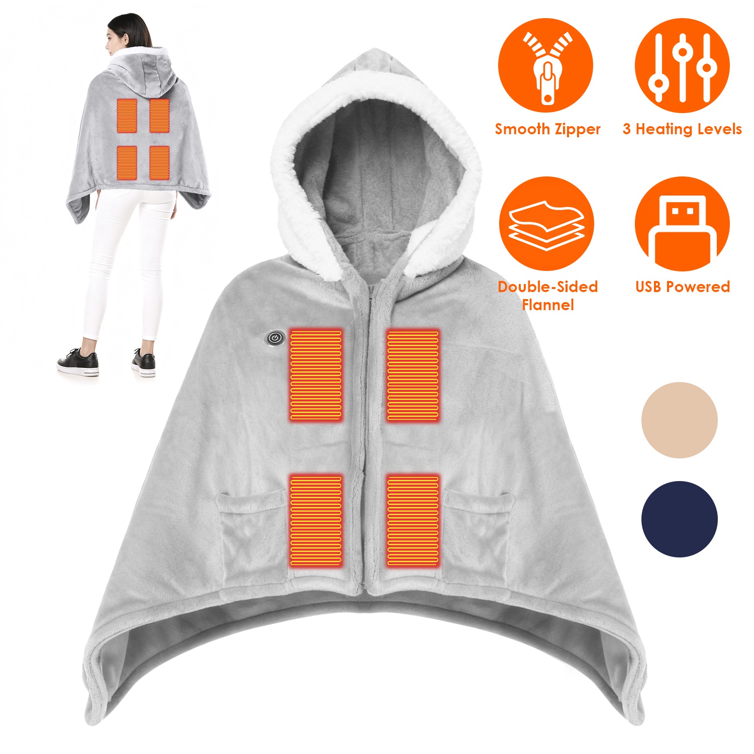 Wearable Heated Throw Blanket Double-Sided Flannel Portable Electric Heating Hoodie For Women Men Machine Washable 3 Heating Levels Battery Operated thumbnail 3