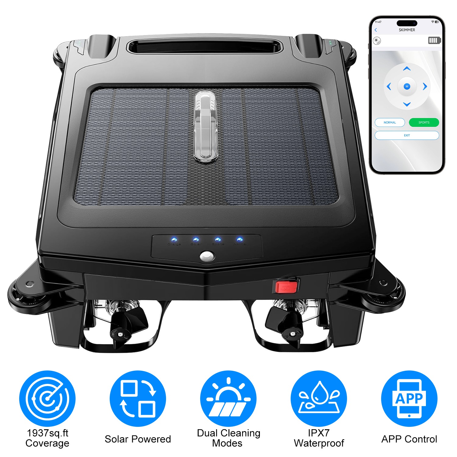 Solar Powered Robotic Pool Skimmer Automatic Swimming Pool Surface Cleaner with 2 Cleaning Modes Dual Charging Methods IPX7 Waterproof 1937sq.ft Cover thumbnail 3