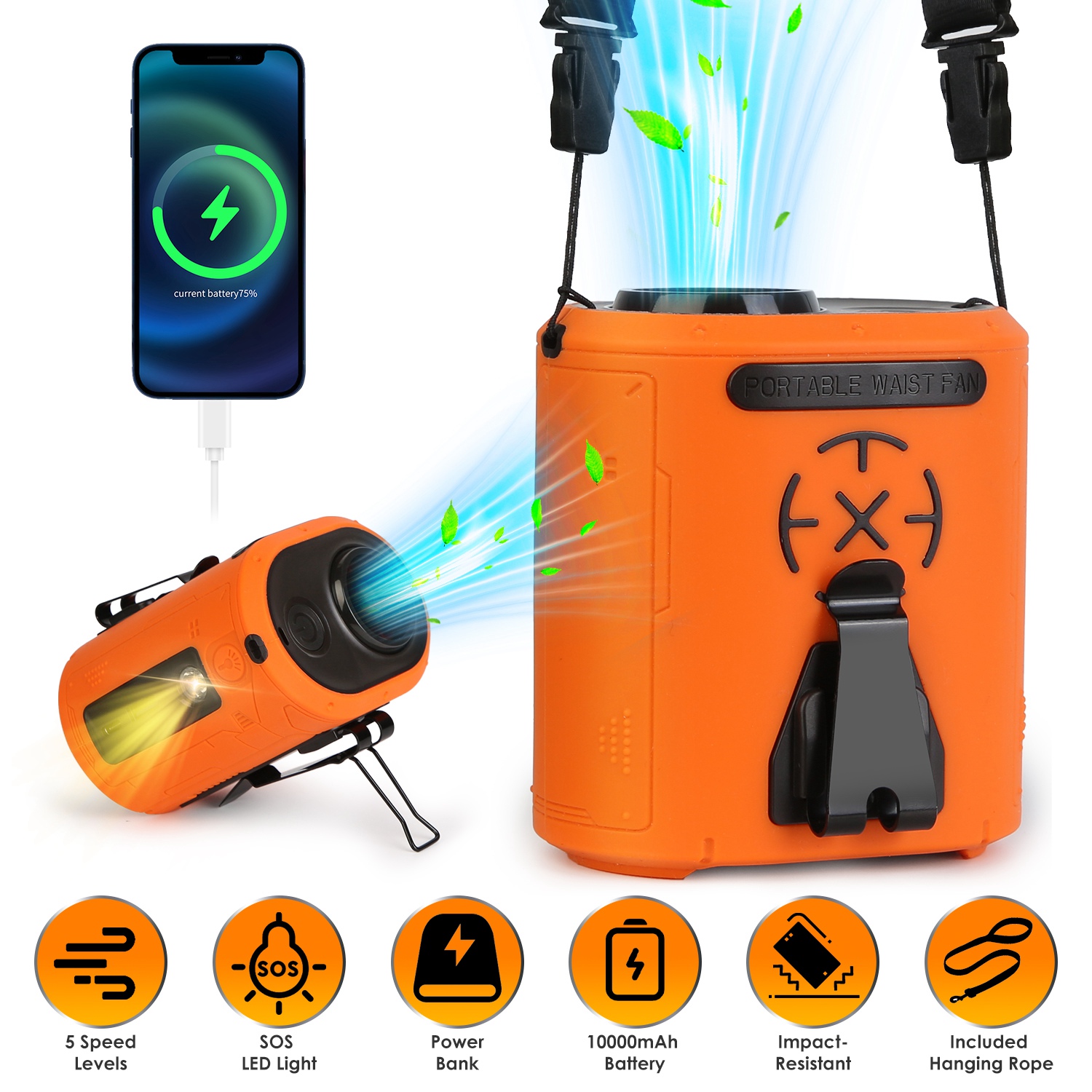 5 In 1 Portable Waist Clip Fan With 5 Speeds Flashlight 10000mAh Battery Operated Personal Wearable Turbo Belt Fan Hands-Free Neck Fan For Camping Tra thumbnail 3