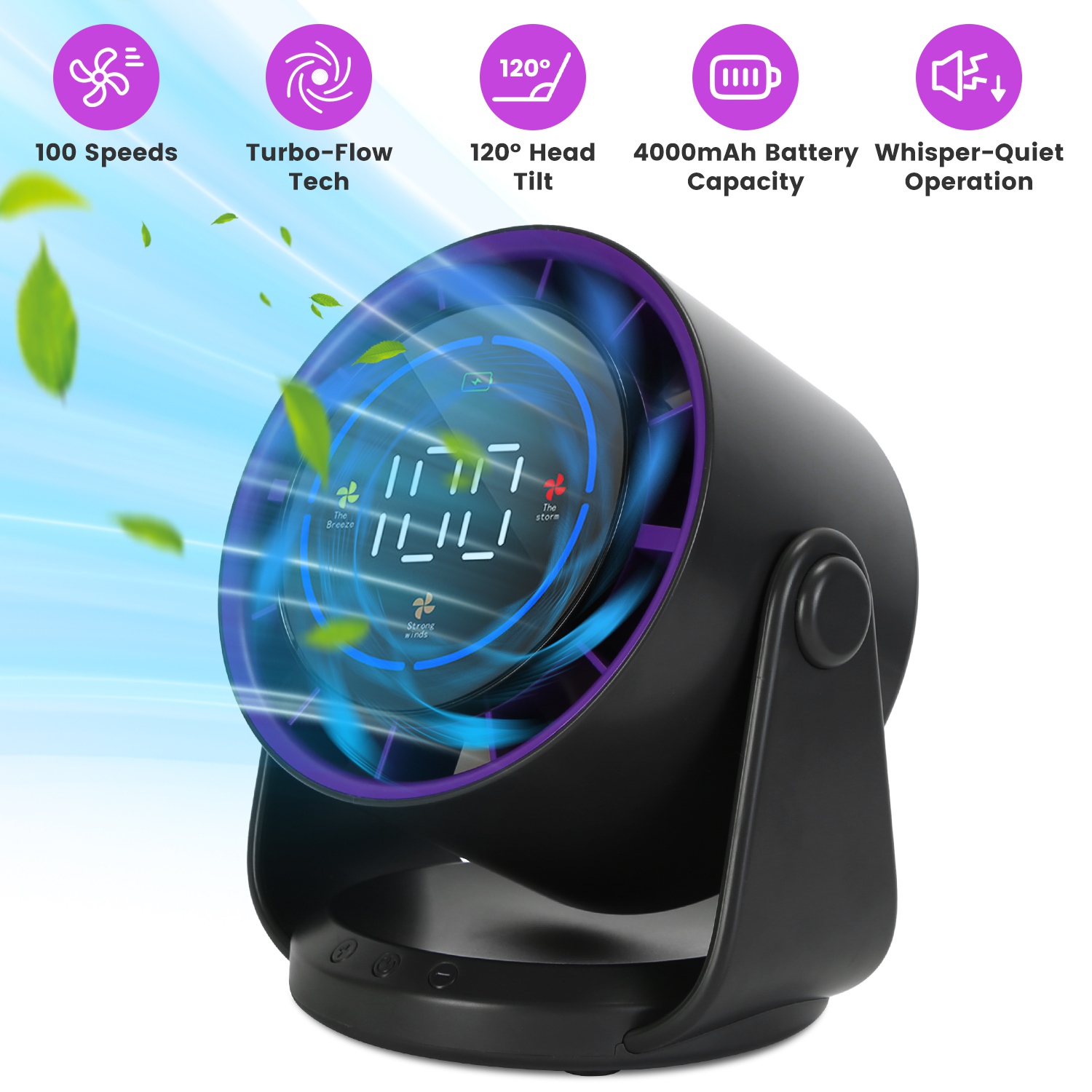 100 Speeds Desk Fan Battery Operated Wall Mounted Fan Rechargeable Mini Desk Fan with 120º Tilting Angle for Home Office Travel thumbnail 3