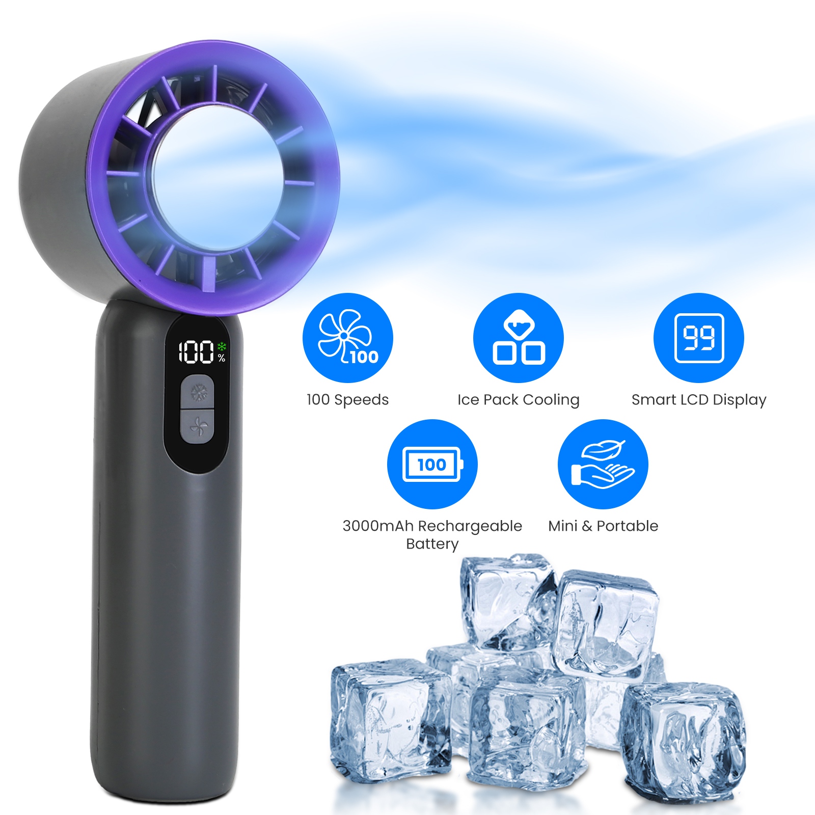 100 Speed Handheld Fan With Ice Cooler High Speed Turbo Fan 3000mAh Rechargeable Hand Fan with LCD Display for Travel Camping Beach Outdoor thumbnail 3