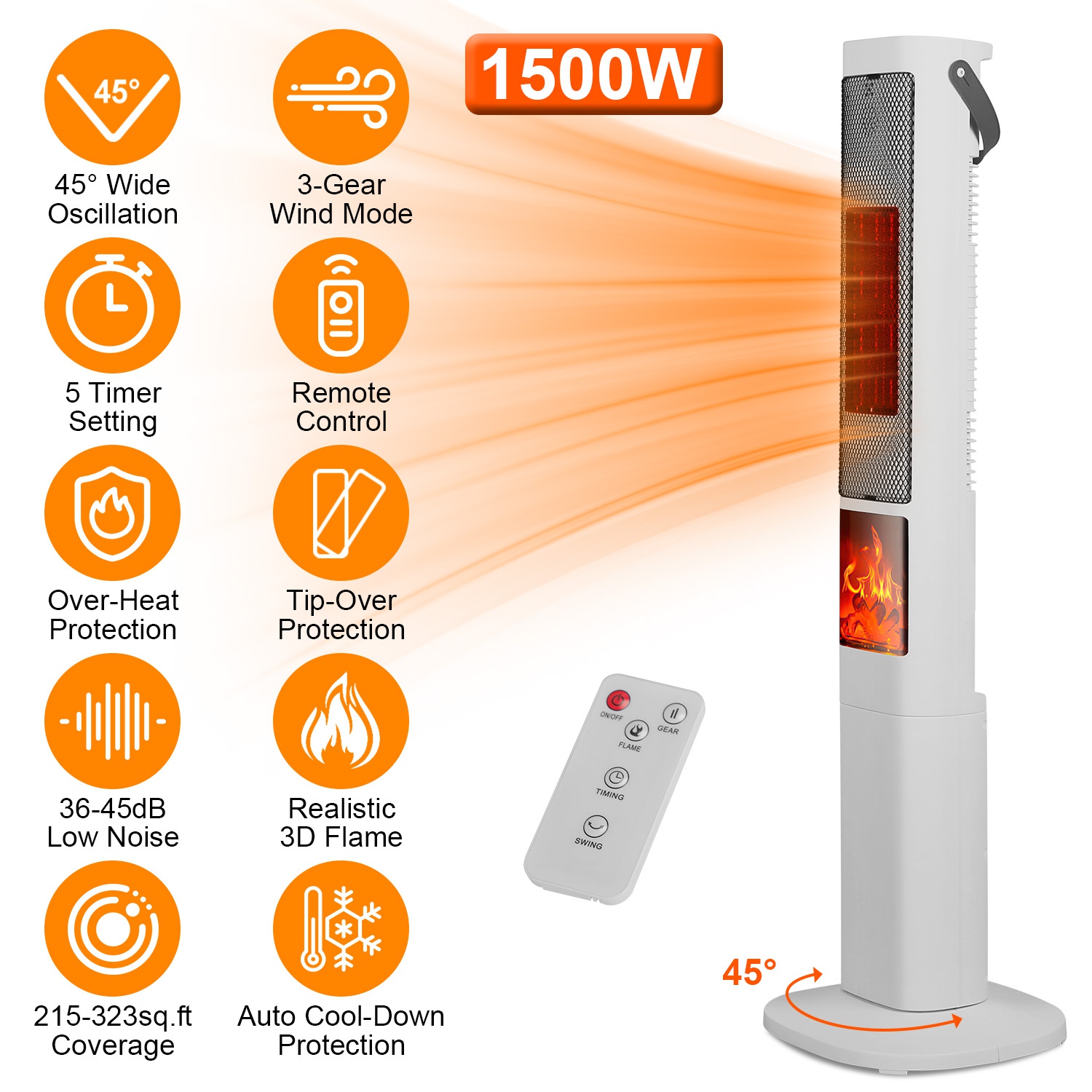 1500W Oscillating Ceramic Tower Space Heater with 3D Flame Portable Electric Heater with 3 Wind Modes Remote Control 5 Timer Overheat Tip-Over Protect thumbnail 3