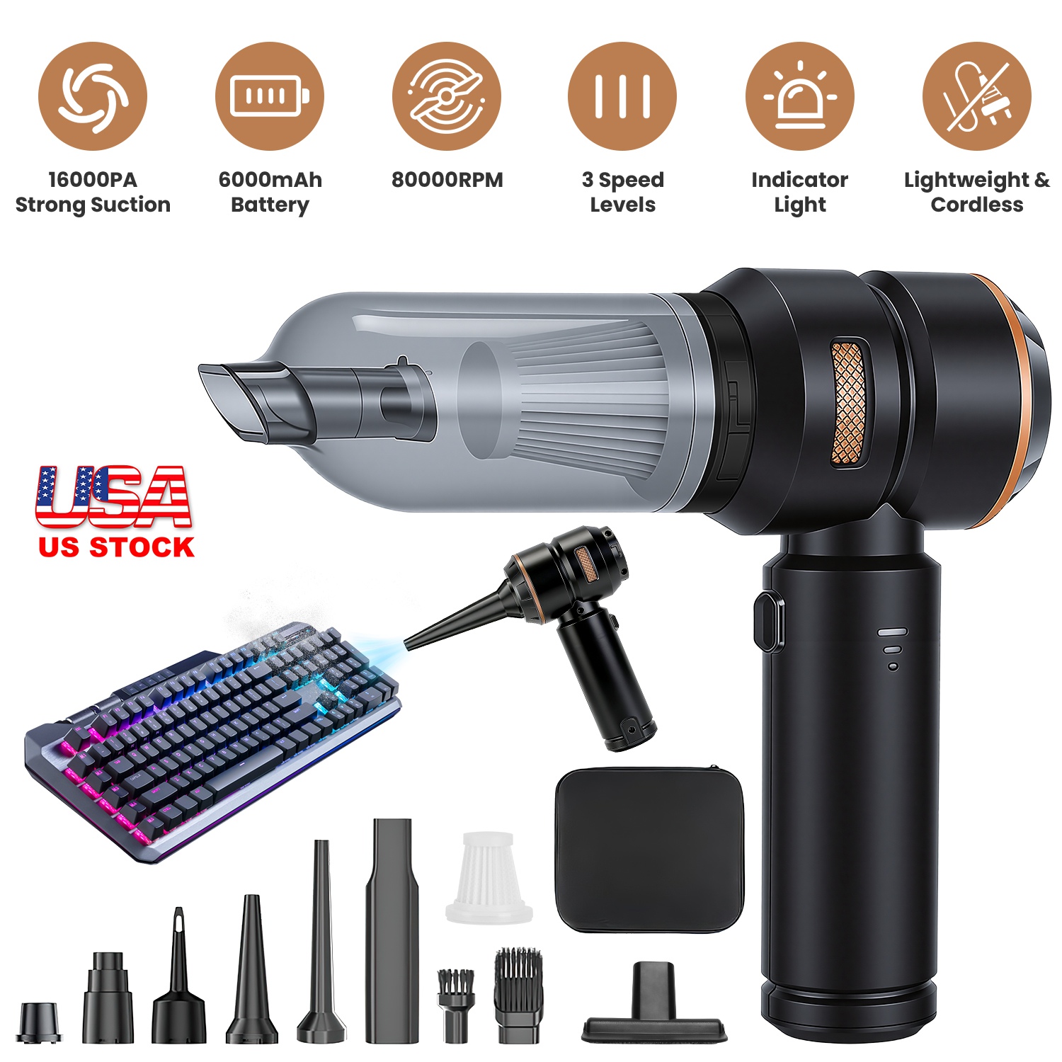 16000PA Handheld Car Vacuum Cleaner With Brushless Motor 2 Reusable Filters 4 In 1 Portable Cordless Compressed Air Duster & Blower for Car Office Hom thumbnail 3