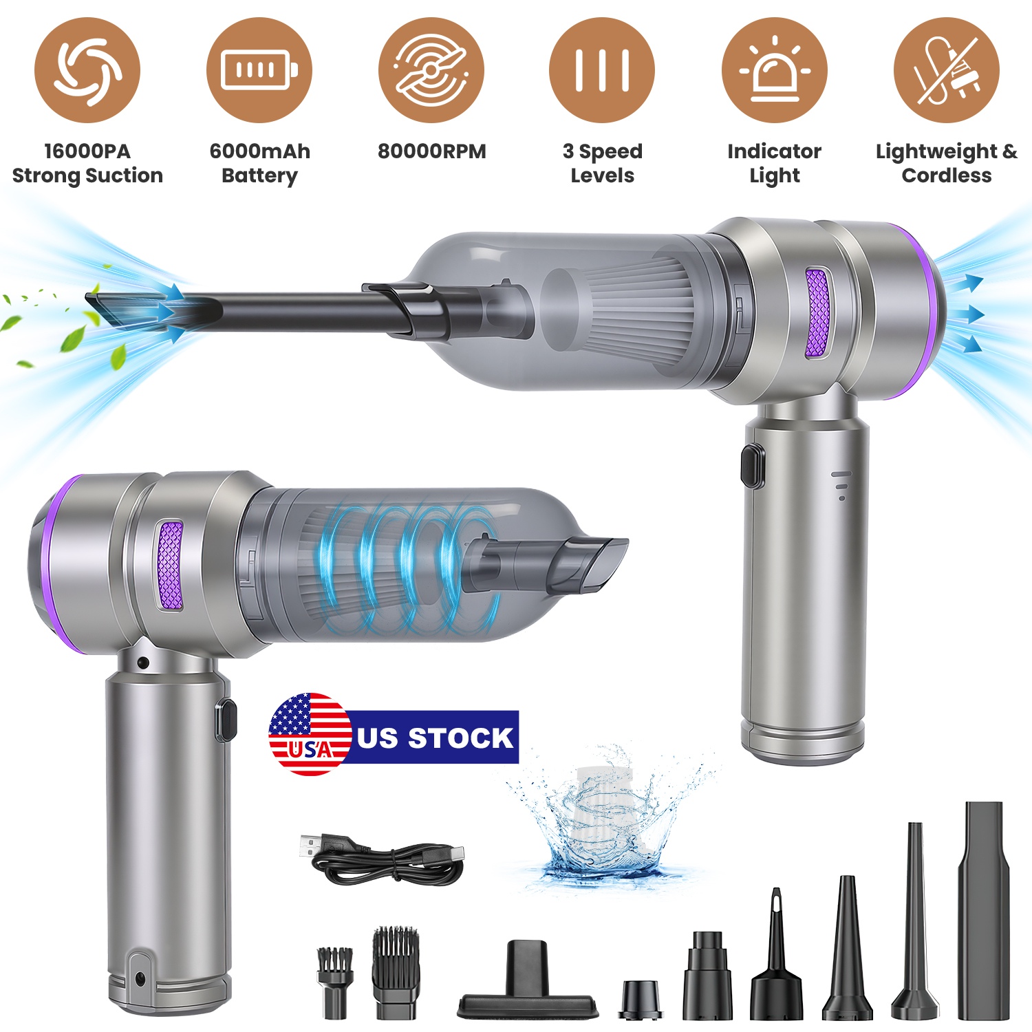 16000PA Handheld Car Vacuum Cleaner With Brushless Motor 2 Reusable Filters 4 In 1 Portable Cordless Compressed Air Duster & Blower for Car Office Hom thumbnail 3