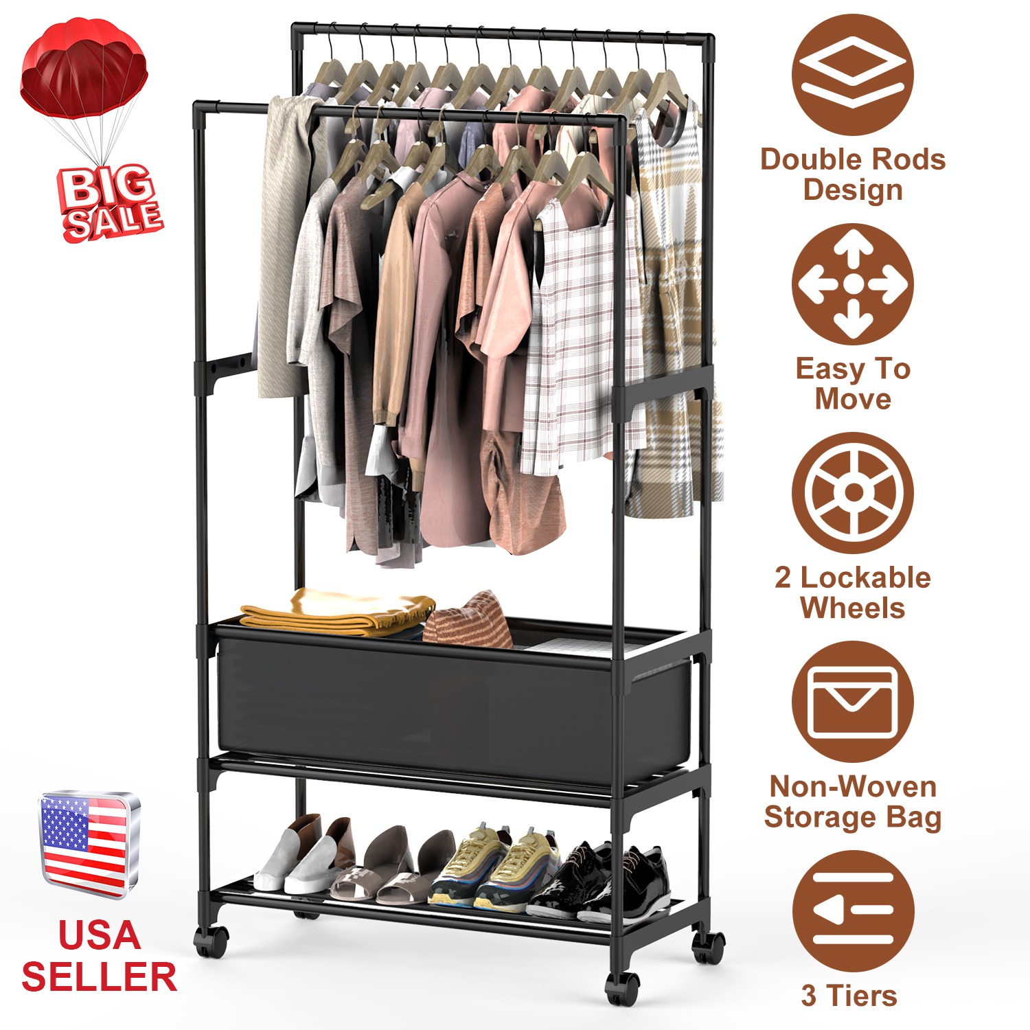 Double Rods Garment Rack with Storage Bag Portable Clothing Rack with Shelves Lockable Wheels Small Portable Closet Storage Bag Height Adjustable thumbnail 3