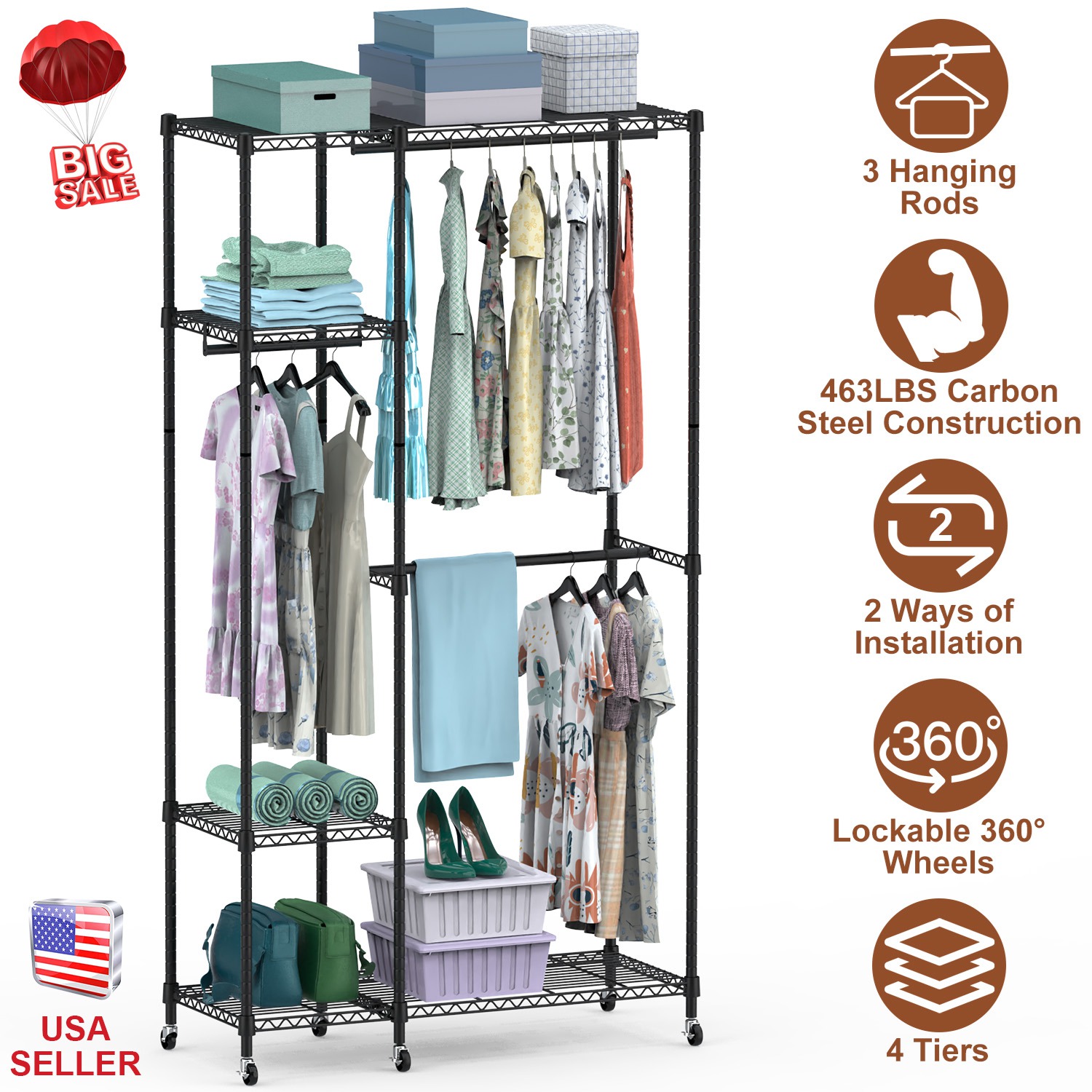 4 Tier Heavy Duty Garment Rack with Wheels Carbon Steel Clothing Rack Portable Wardrobe Clothes Rack with 3 Hanging Rods 6 Footrests 44.9x17.13x77.95i thumbnail 3