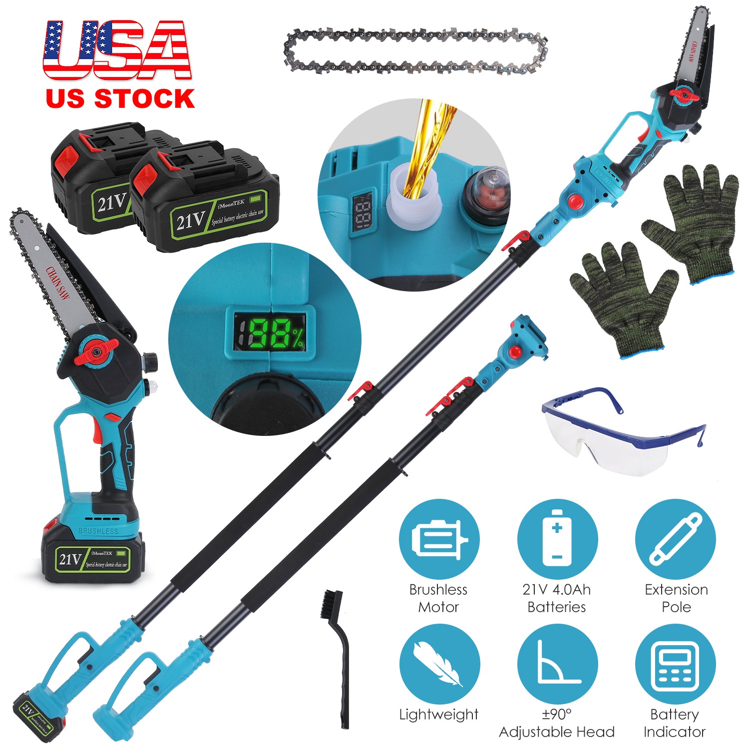 2-IN-1 Cordless Pole Saw And Mini Chainsaw With Extension Pole 21V Battery 6 Electric Brushless Pole Chainsaw with Digital Display Auto Oiler Safety thumbnail 3