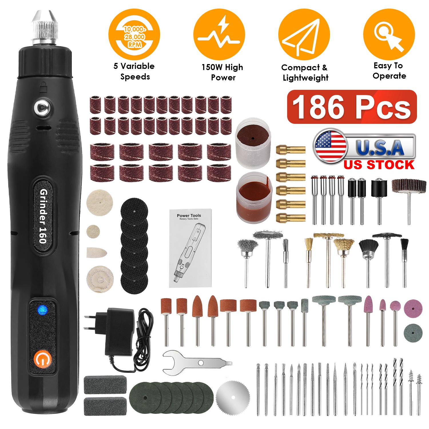 Mini Corded Rotary Power Tool Set of 186Pcs Electric Detail Sander Grinding Pen Small Drill Kit Engraver with 5 Speeds for Sanding Polishing Drilling thumbnail 3