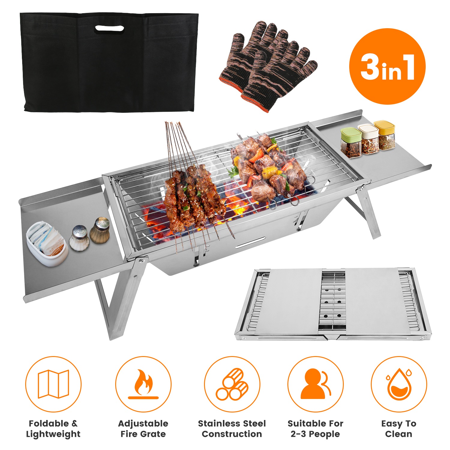 3 In 1 Foldable Charcoal Grill Fire Pit Slow Cooker 2-3 People Portable Camping Grill Stainless Steel BBQ Grill for Camping Tailgating Yard thumbnail 3