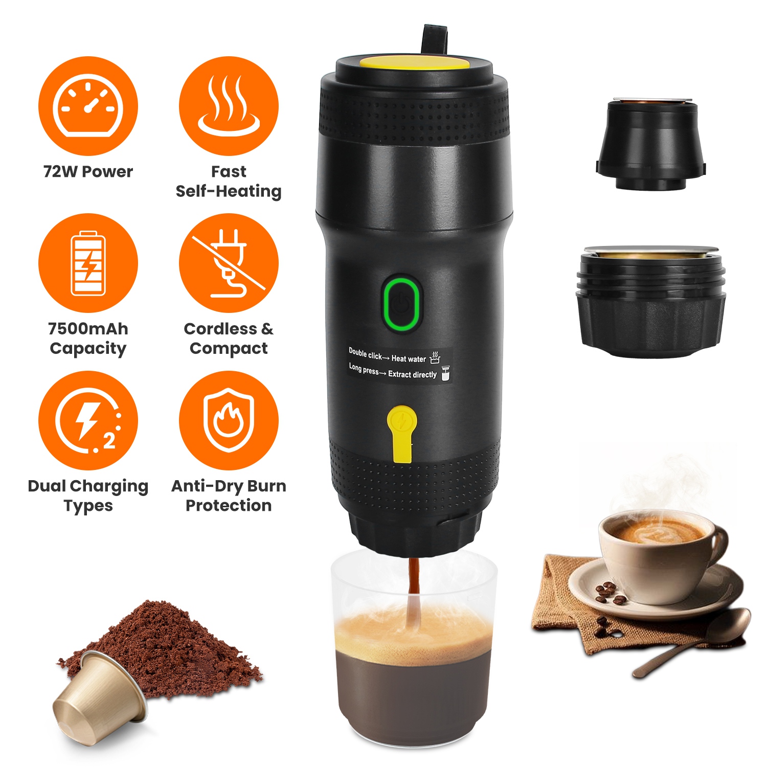 Portable Electric Espresso Machine Cordless Coffee Maker Self-Heating Car Espresso Maker with Anti-Dry Burn Fit for Ground Coffee/NS/DG Capsules for C thumbnail 3
