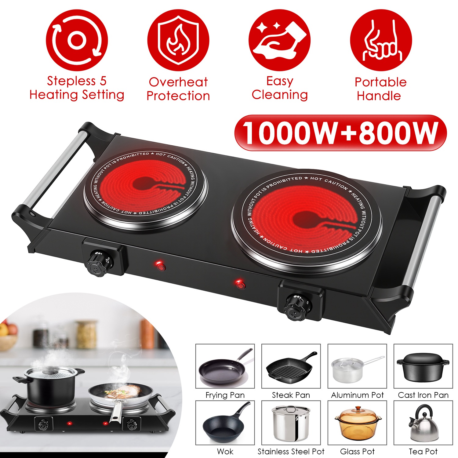 1800W Electric Double Burner Portable Heating Hot Plate Stove Countertop RV Hotplate with 5 Temperature Stepless Adjustments Portable Handles thumbnail 3