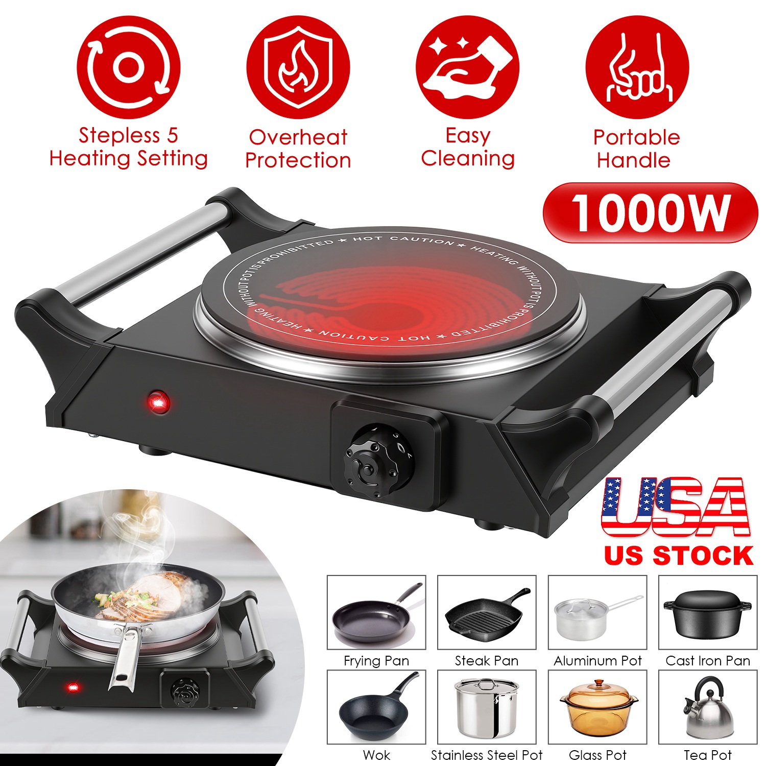 1000W Electric Single Burner Portable Heating Hot Plate Stove Countertop RV Hotplate with 5 Temperature Stepless Adjustments Portable Handles thumbnail 3