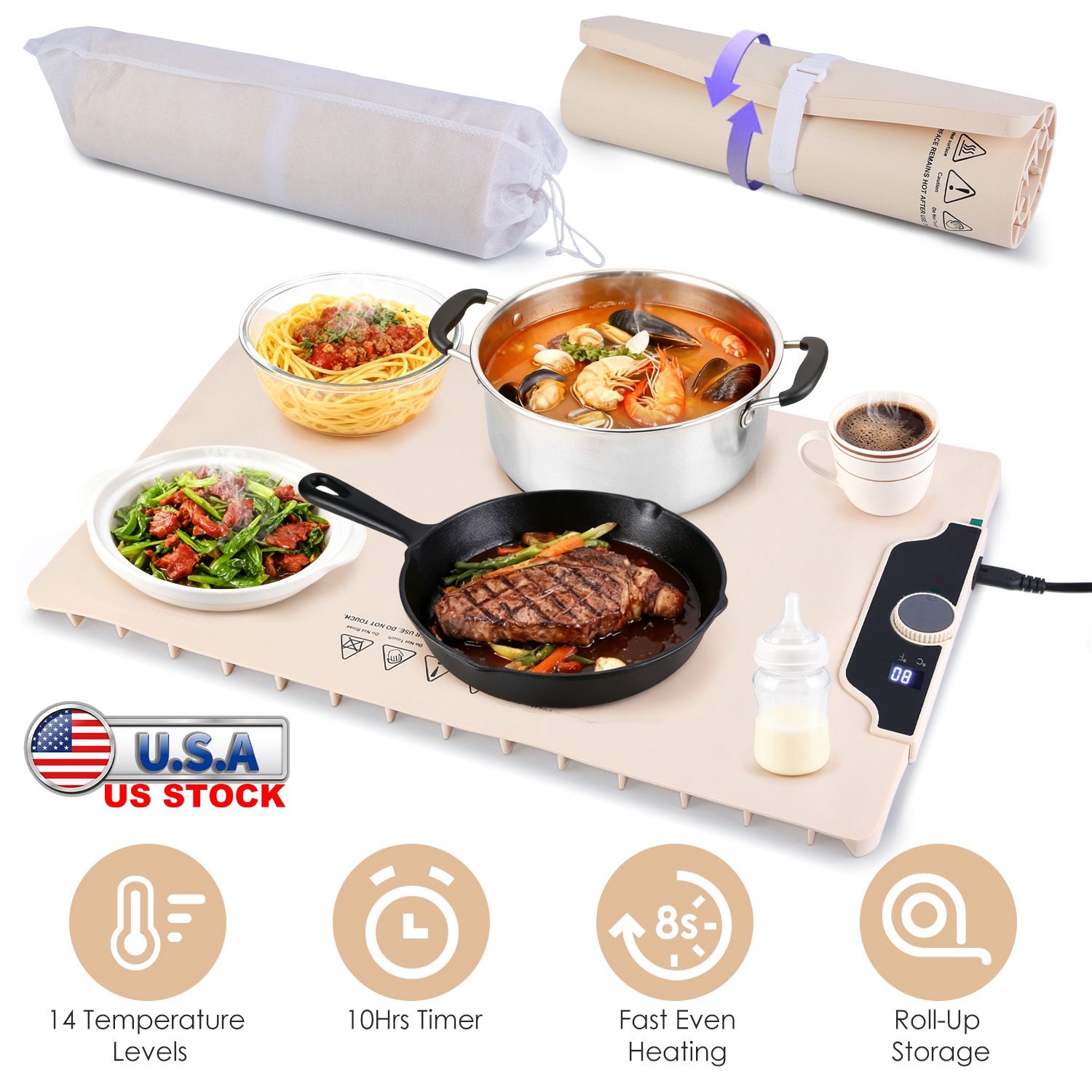Food Warming Mat 23.6X15.8In 300W Fast Heating Electric Silicone Food Warmer With 14 Temp Levels 10Hrs Timer Settings Roll-Up Portable Hot Plates Heat thumbnail 3