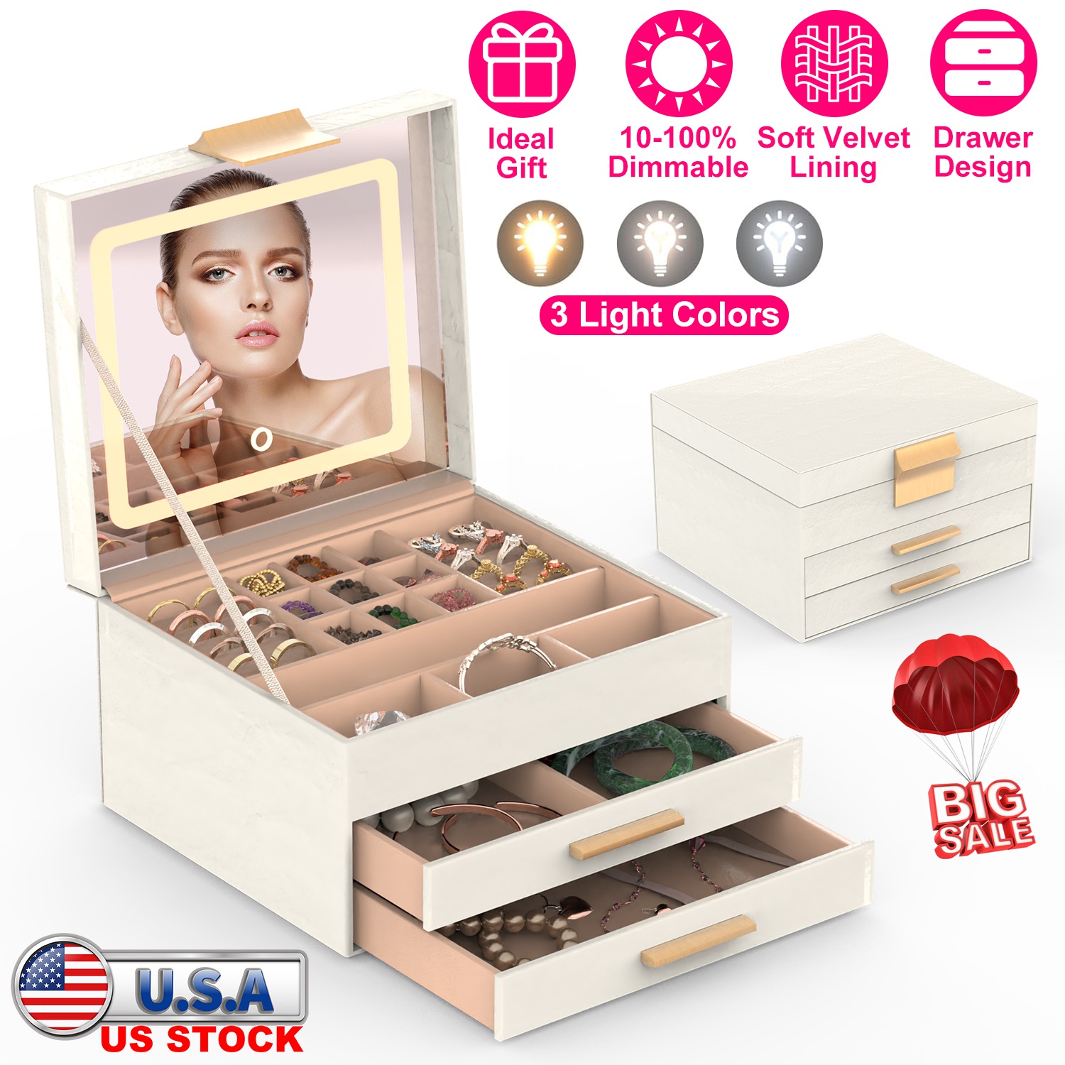 Jewelry Box with LED Mirror 3-Layer Jewelry Organizer with 2 Drawers PU Jewelry Holder with 3 Mirror Light Colors Dimmable for Earrings Rings Bracelet thumbnail 3