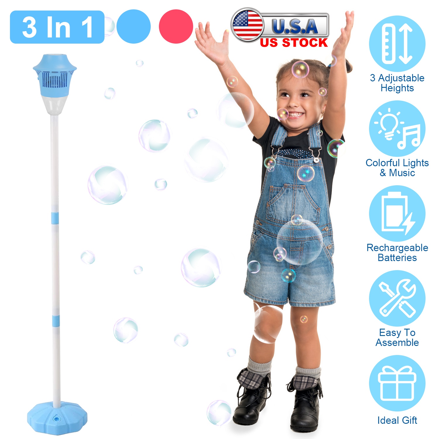 3 In 1 Standing Bubble Machine with Colorful Lights and Music Rechargeable Bubble Maker Stand with 2 Modes 3 Adjustable Height for Party Wedding Indoo thumbnail 3