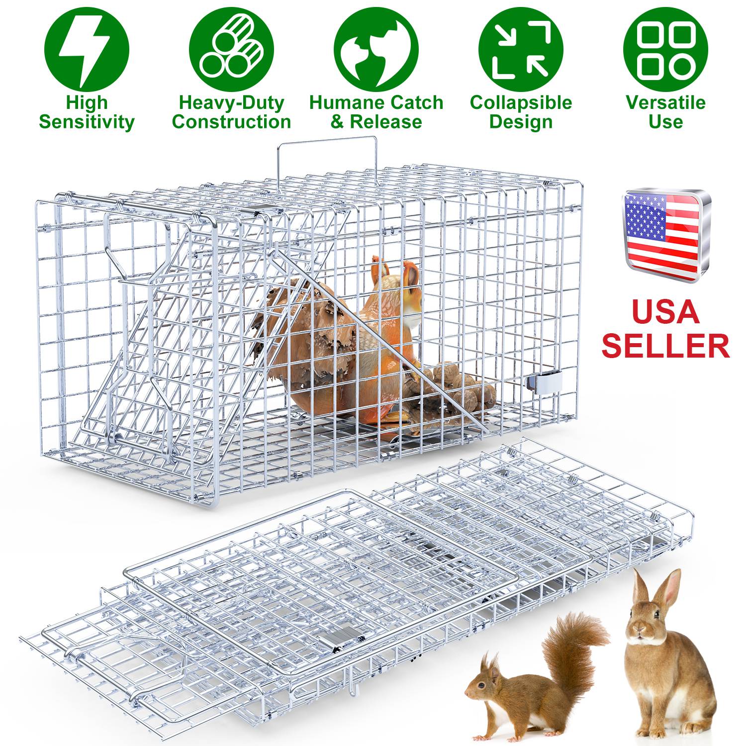 2Pcs 18x8x10In Humane Single Door Live Animal Trap Collapsible Galvanized Iron Animal Cage Catch And Release for Small Squirrel Raccoon Feral Cat Weas thumbnail 3