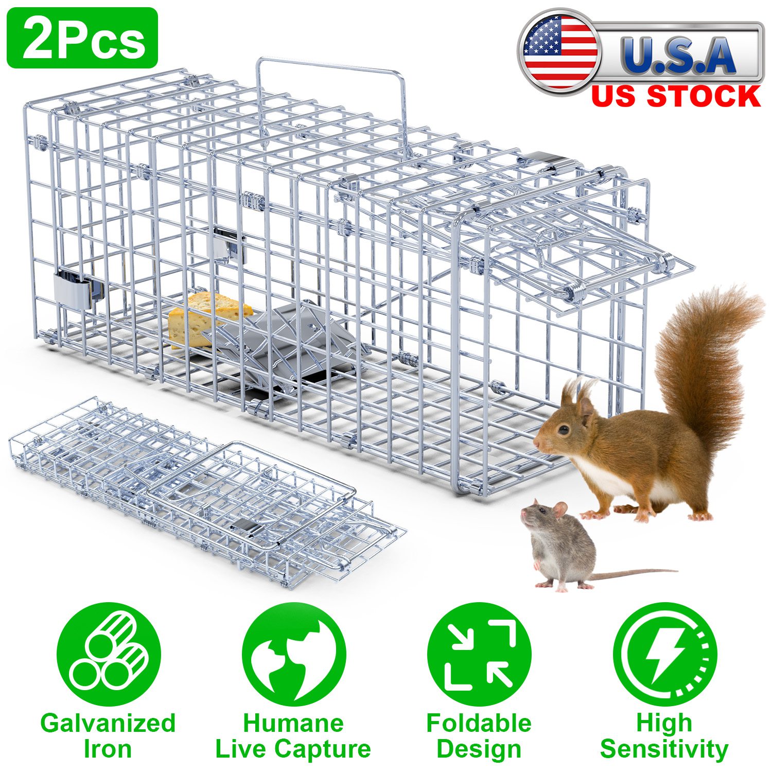 2Pcs Foldable Rat Trap Cage Humane Live Rodent Trap Cage Galvanized Iron Mice Mouse Control Bait Catch with Detachable L Shaped Rod For Kitchen Garden thumbnail 3