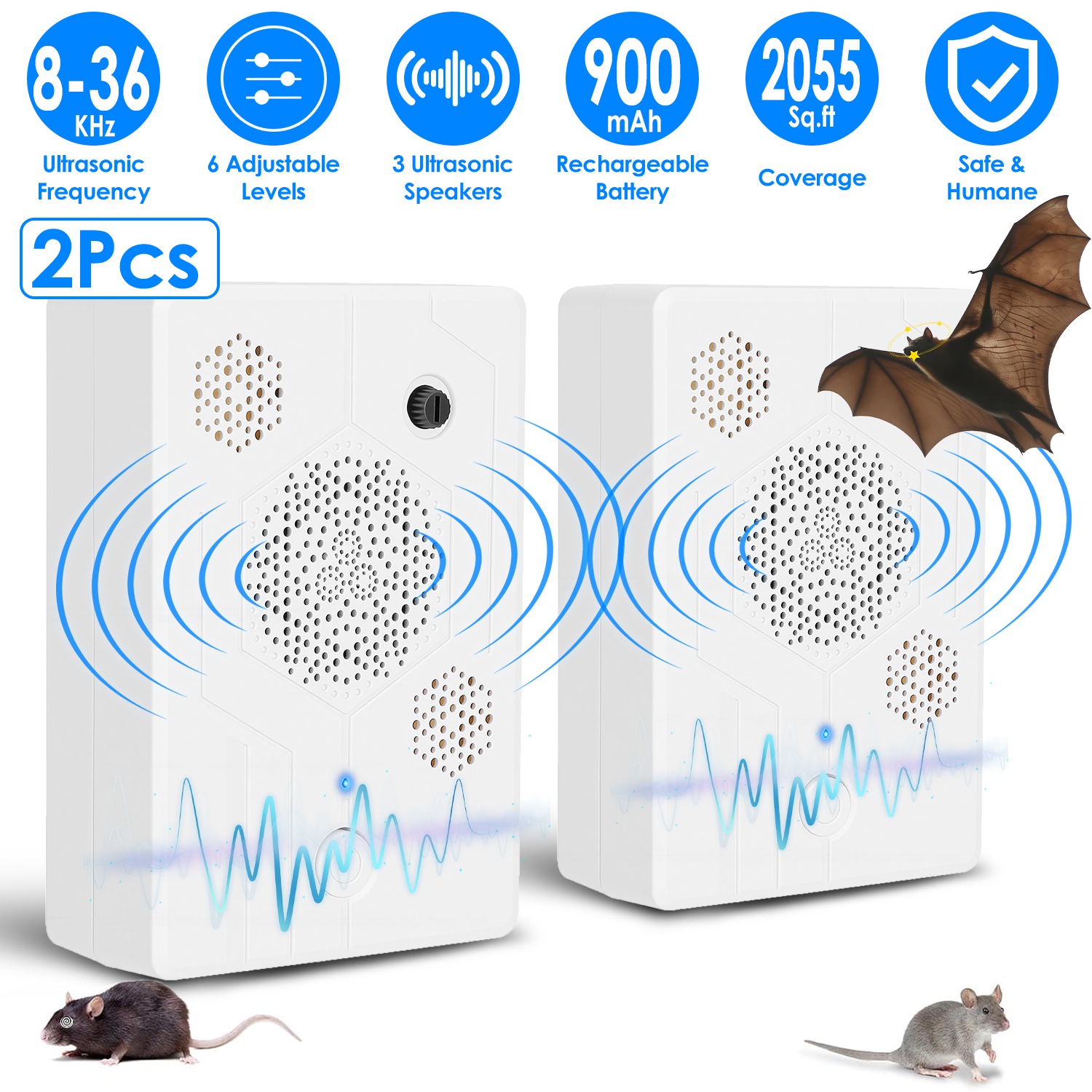 2Pack 2026 Upgraded Rechargeable Ultrasonic Bat Repellent Indoor Outdoor Bird Mouse Dog Deterrent Device with 3 Ultrasonic Speakers for Attic Porch Ho thumbnail 3