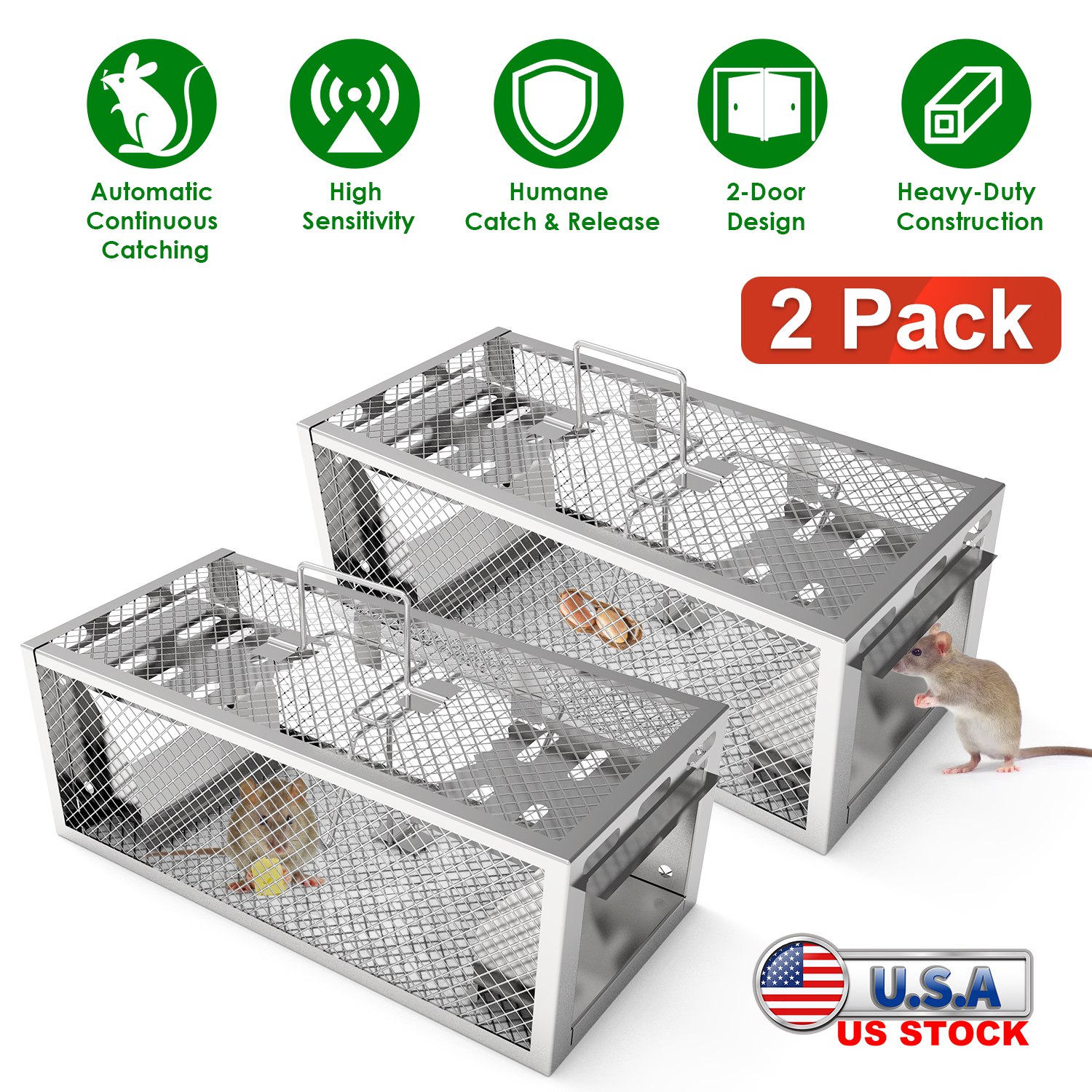 2Pack 11.81x5.63x4.45In 2-Door Humane Rat Trap Automatic Continuous Mouse Trap Reusable Galvanized Iron Live Animal Cage thumbnail 3
