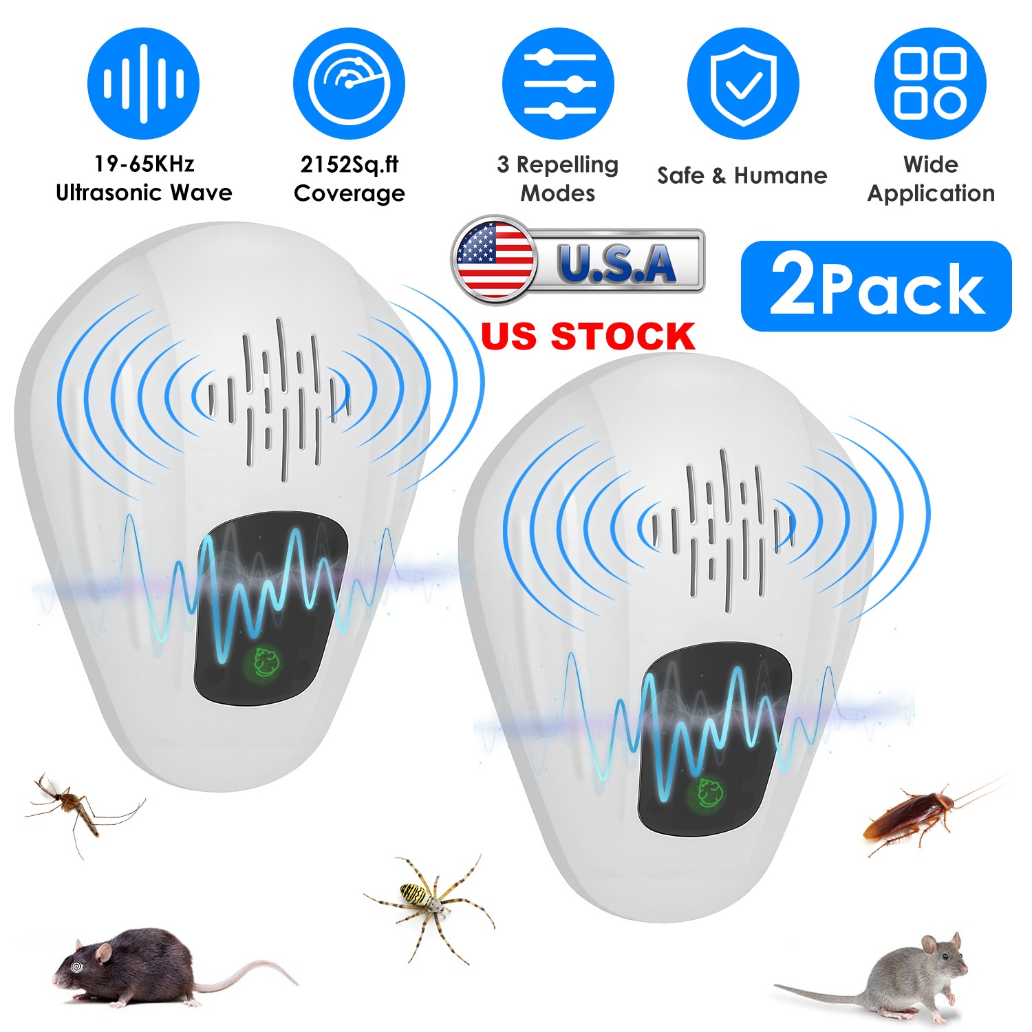 2 Pack Pest Control Device for Mosquitoes Cockroaches Rats Plug In Ultrasonic Insect Repellent Indoor for Bedroom Garage Warehouse Office thumbnail 3