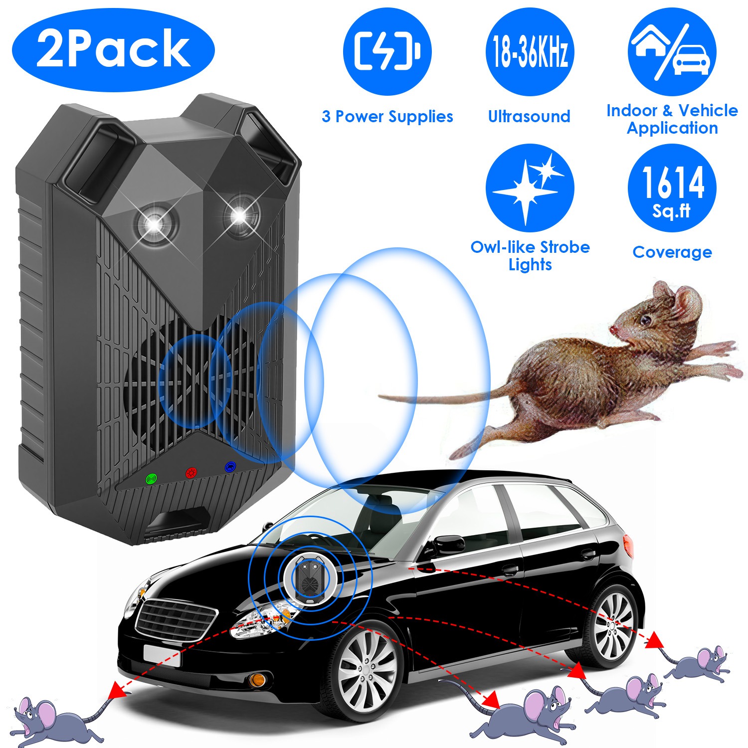 2 Pack Under Hood Ultrasonic Rodent Repeller Rodent Control Deterrent Chaser Blocker for Vehicle Indoor with Strobe Light 3 Power Supplies thumbnail 3