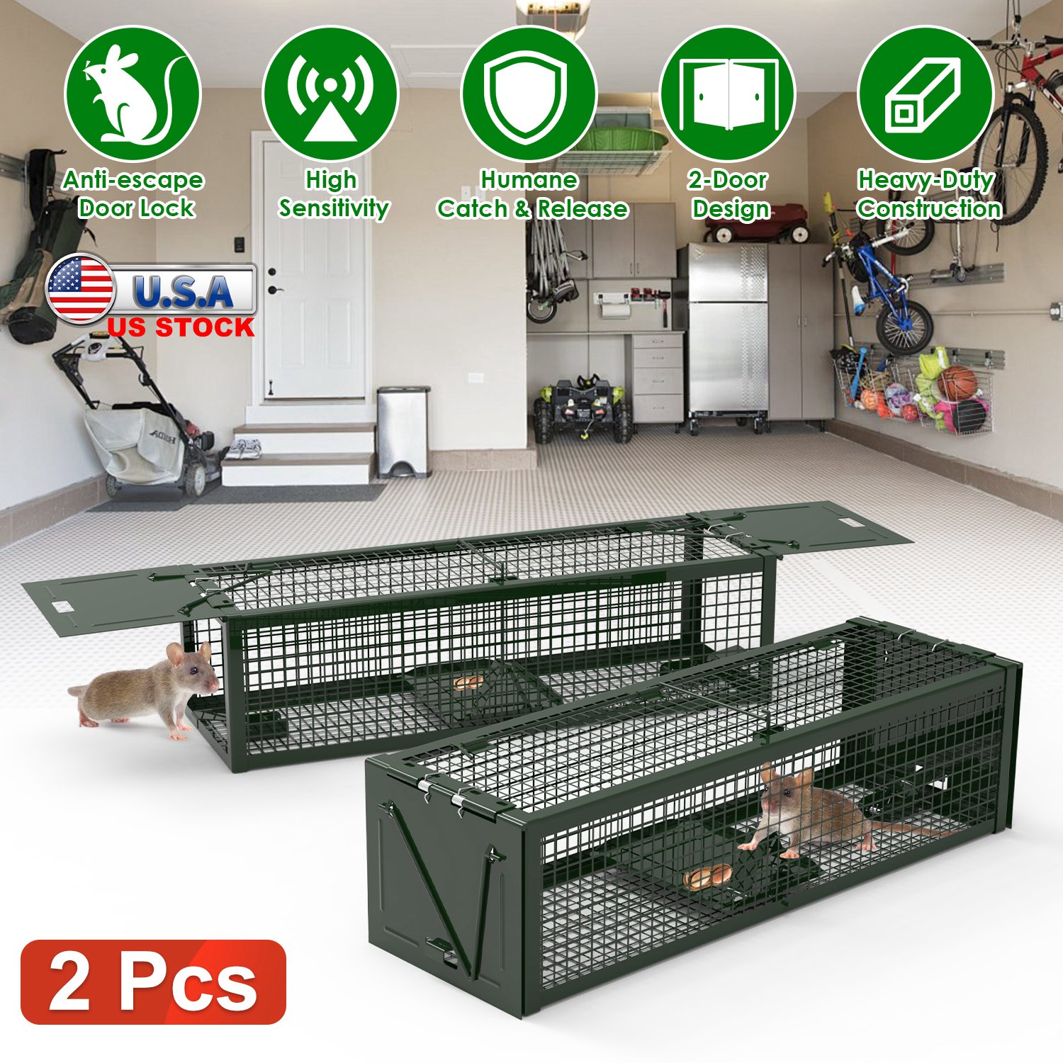 2Pack 15.35x4.72x3.94in 2-Door Humane Live Rat Trap Galvanized Iron Rodent Trap Cage Reusable for Home Garden Farm Warehouse thumbnail 3