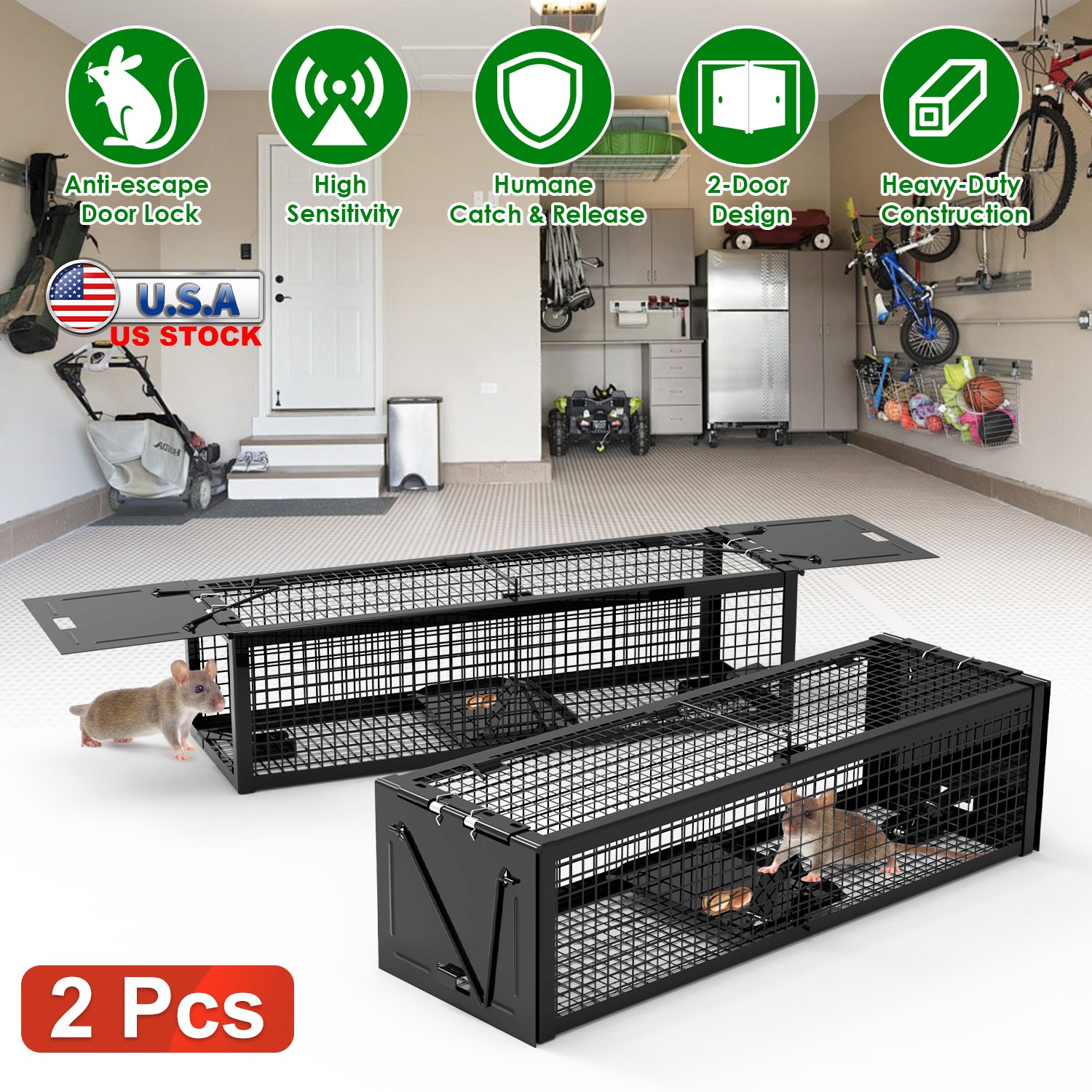 2Pack 15.35x4.72x3.94in 2-Door Humane Live Rat Trap Galvanized Iron Rodent Trap Cage Reusable for Home Garden Farm Warehouse thumbnail 3