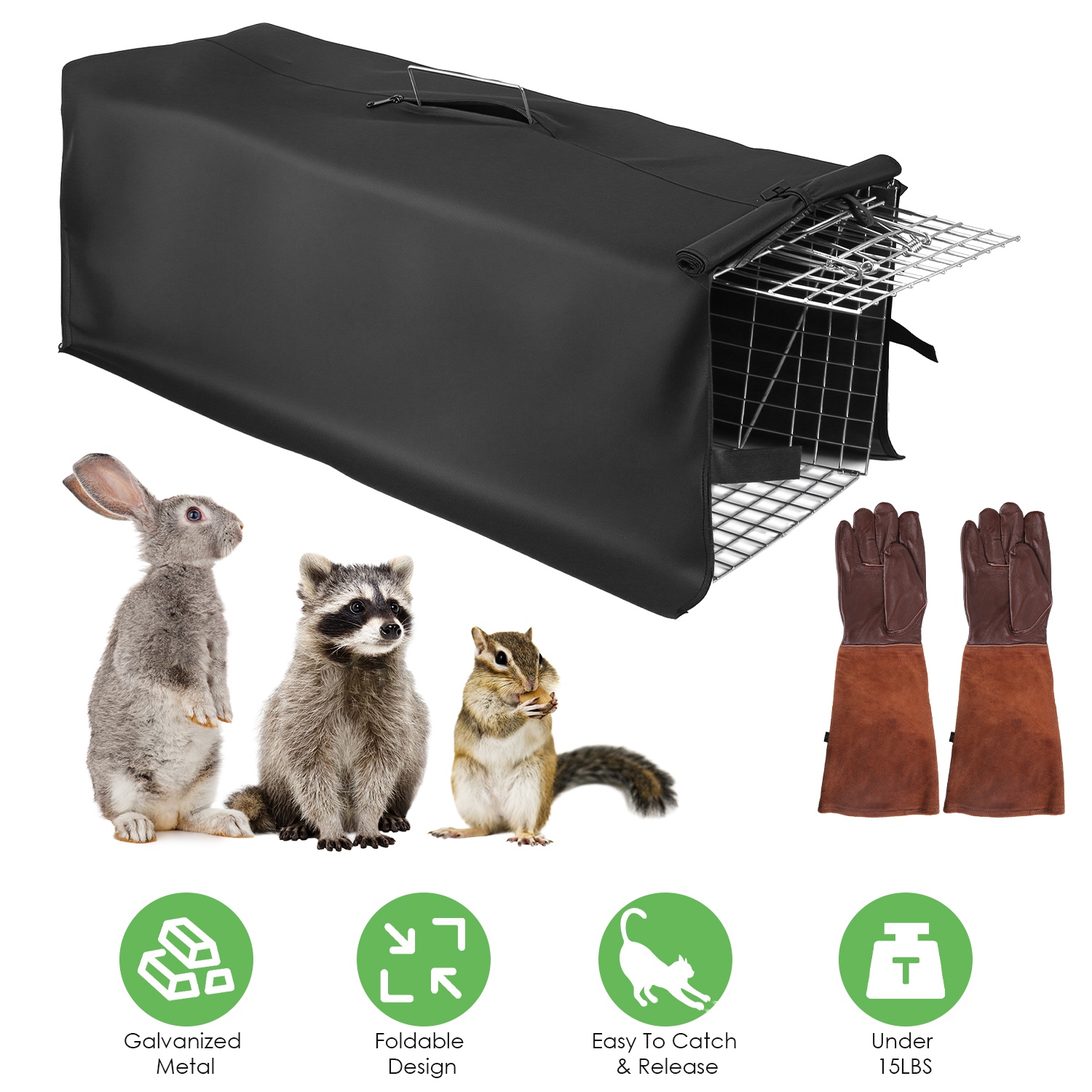 31x12x11 Folding Live Animal Trap Cage With Waterproof Cover And Gloves Humane Easy To Catch And Release Trap For Stray Cats Raccoons Squirrel Skunk thumbnail 4