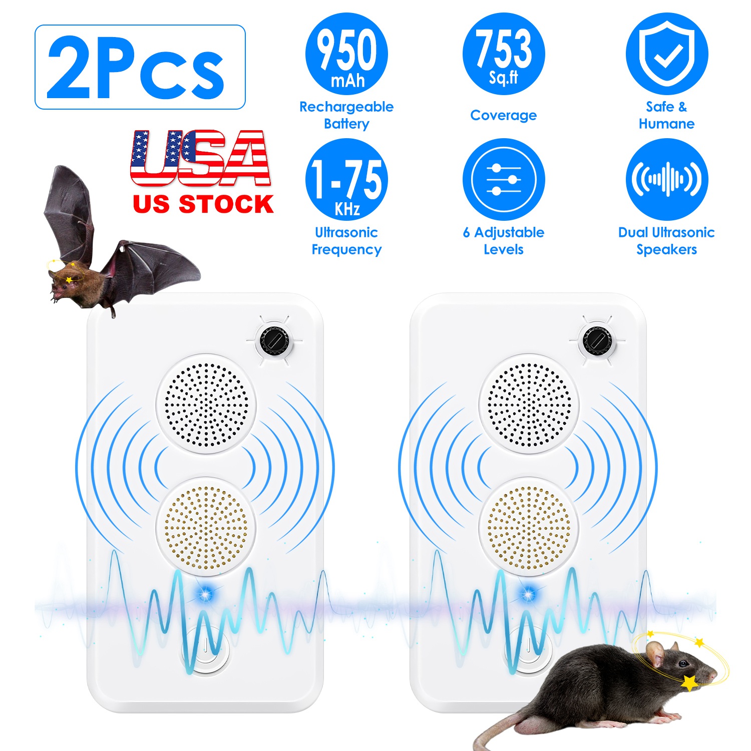 2Pack Rechargeable Ultrasonic Bat Repellent Indoor Outdoor Bird Mouse Deterrent Device with 6 Adjustable Levels for Attic Porch House thumbnail 4