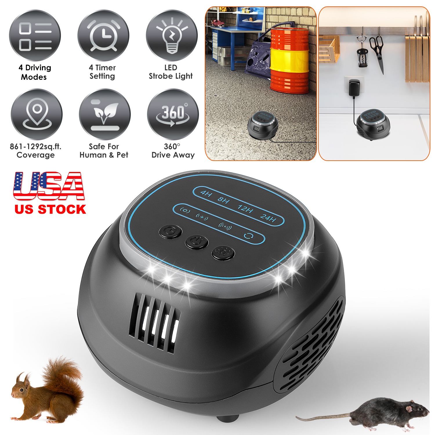 Ultrasonic Rodent Chaser Rat Repellent Pest Driver Mouse Control Squirrel Repeller with 4 Modes 4-65KHz Strobe Light 4 Timer 1292sq.ft. Coverage for R thumbnail 4